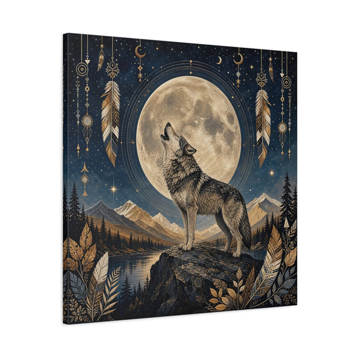 Side Mockup 3. Nature Wolf Wolf Moon shown as stretched canvas wall art