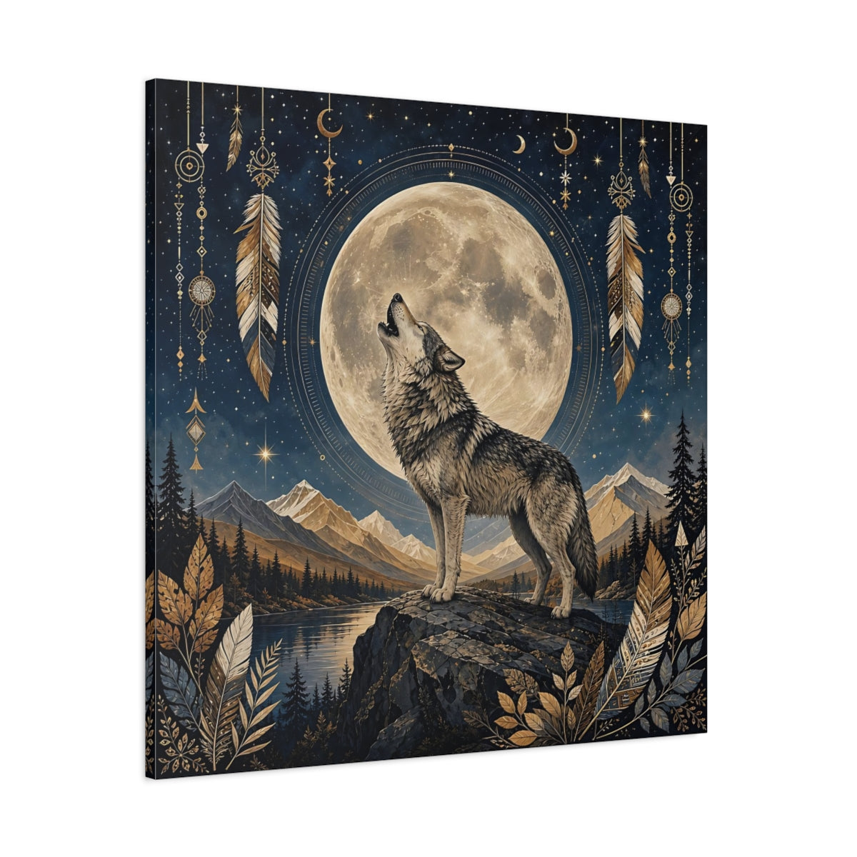 Side Mockup 1. Nature Wolf Wolf Moon shown as stretched canvas wall art