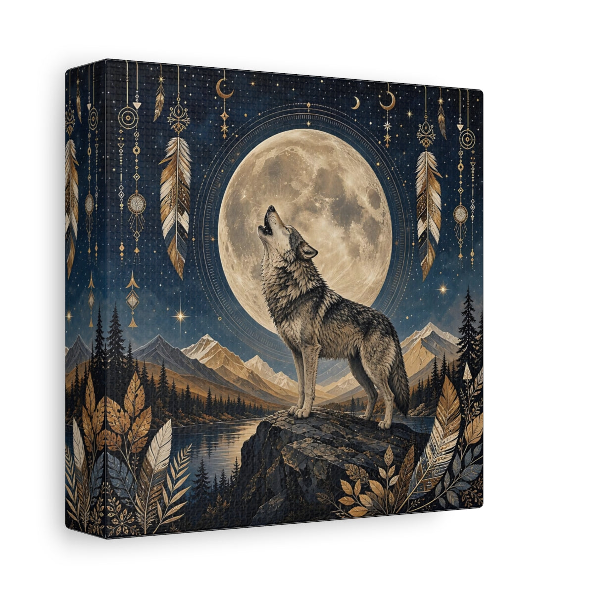 Side Mockup 2. Nature Wolf Wolf Moon shown as stretched canvas wall art