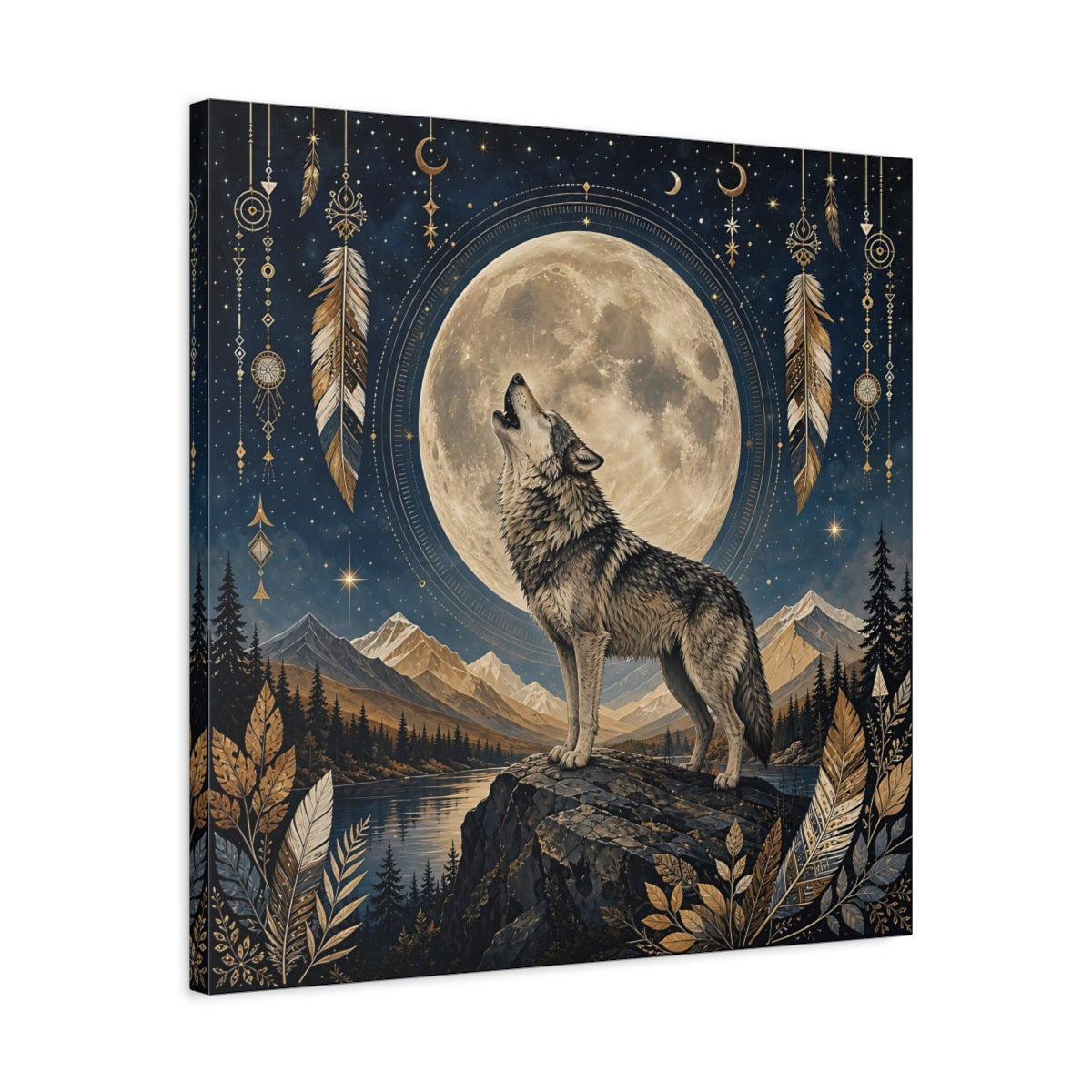 Side Mockup 4. Nature Wolf Wolf Moon shown as stretched canvas wall art
