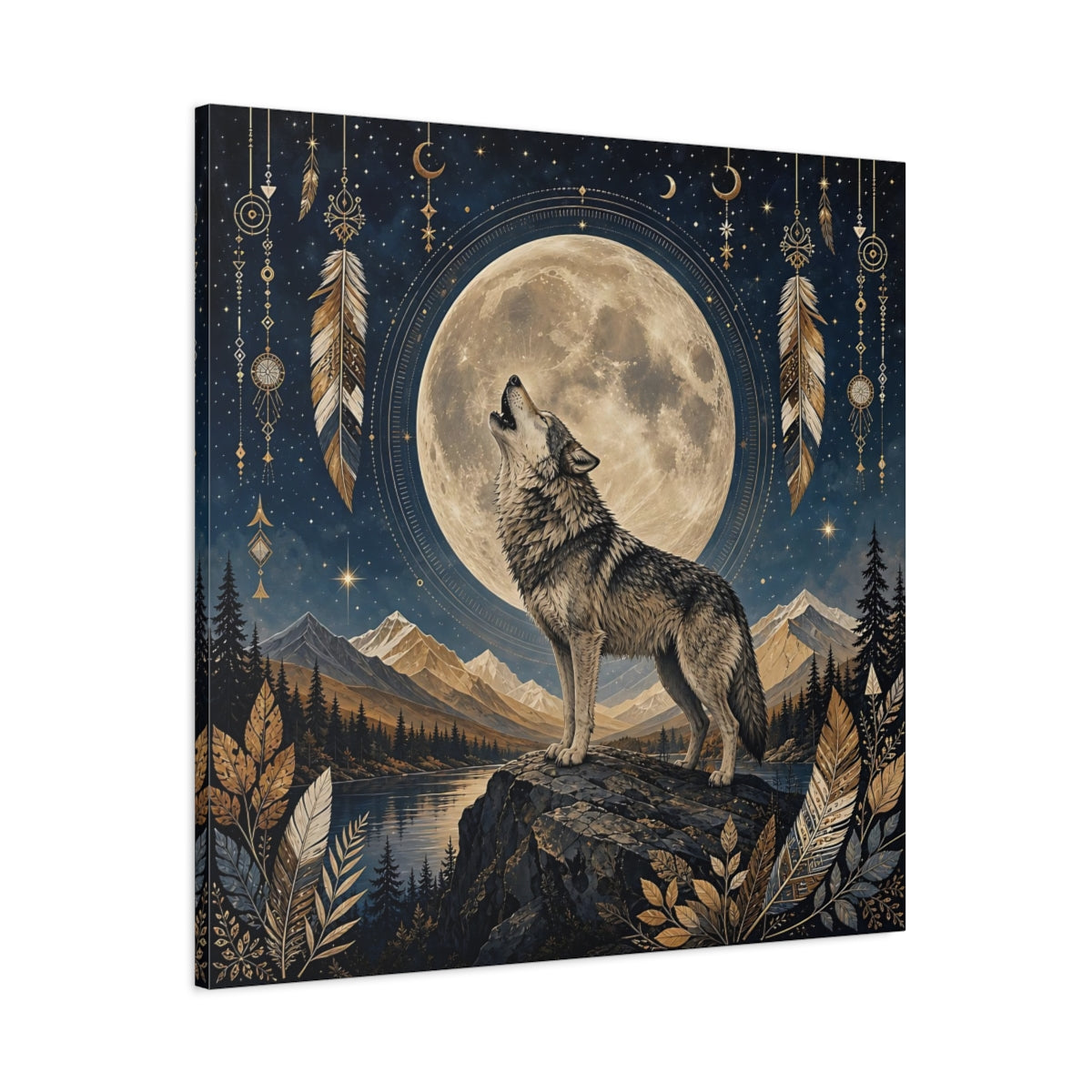 Main Mockup. Nature Wolf Wolf Moon shown as stretched canvas wall art