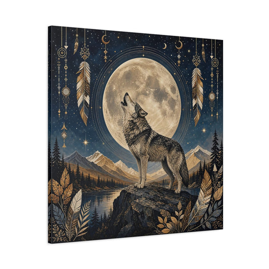 Main Mockup. Nature Wolf Wolf Moon shown as stretched canvas wall art