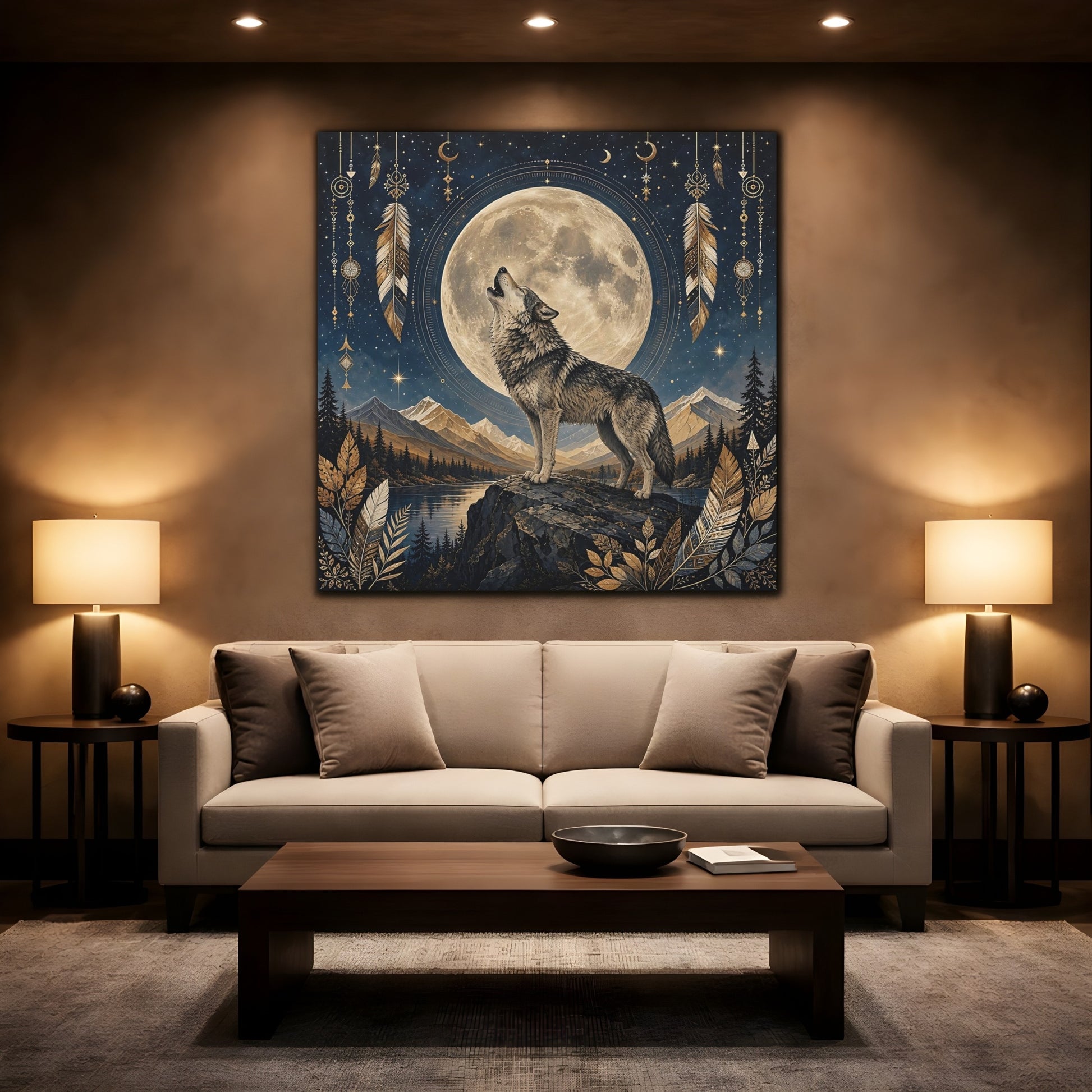 Mockup 2. Nature Wolf Wolf Moon shown as stretched canvas wall art