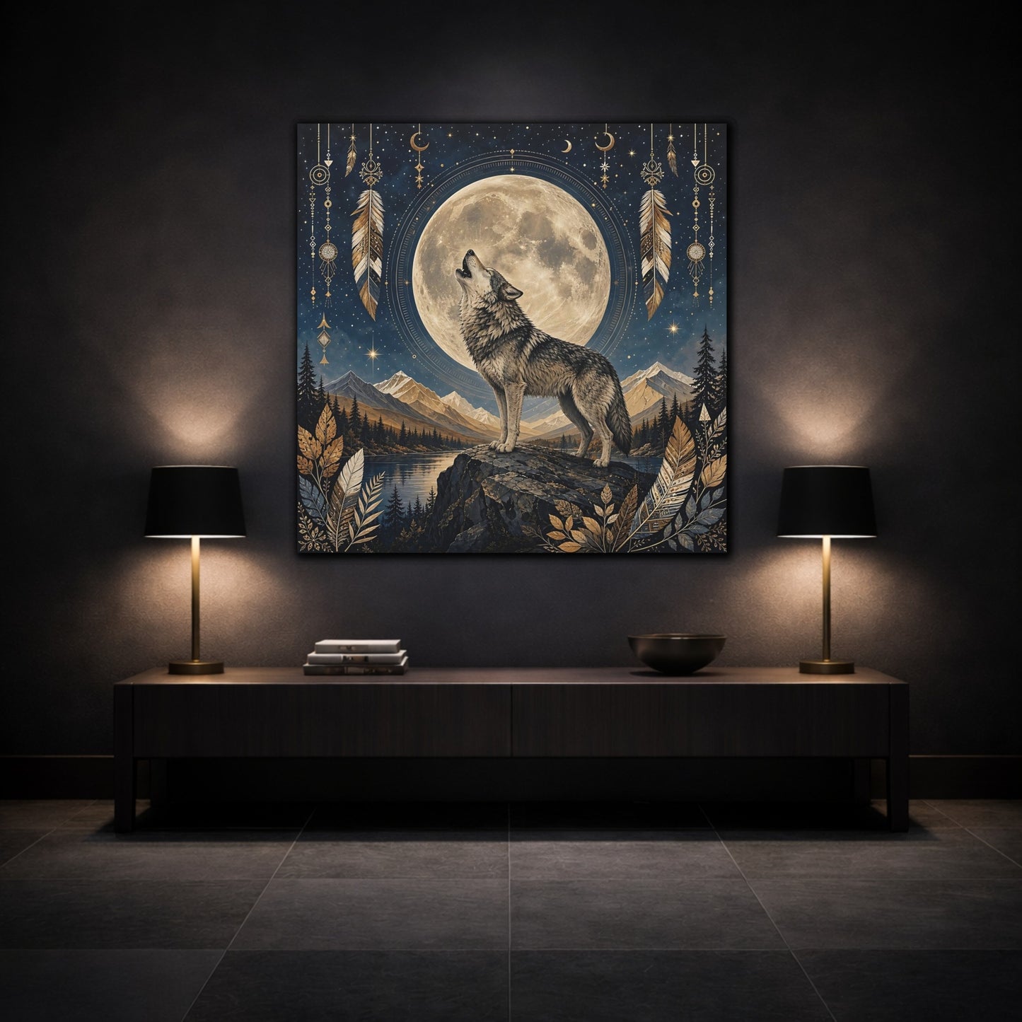Mockup 3. Nature Wolf Wolf Moon shown as stretched canvas wall art