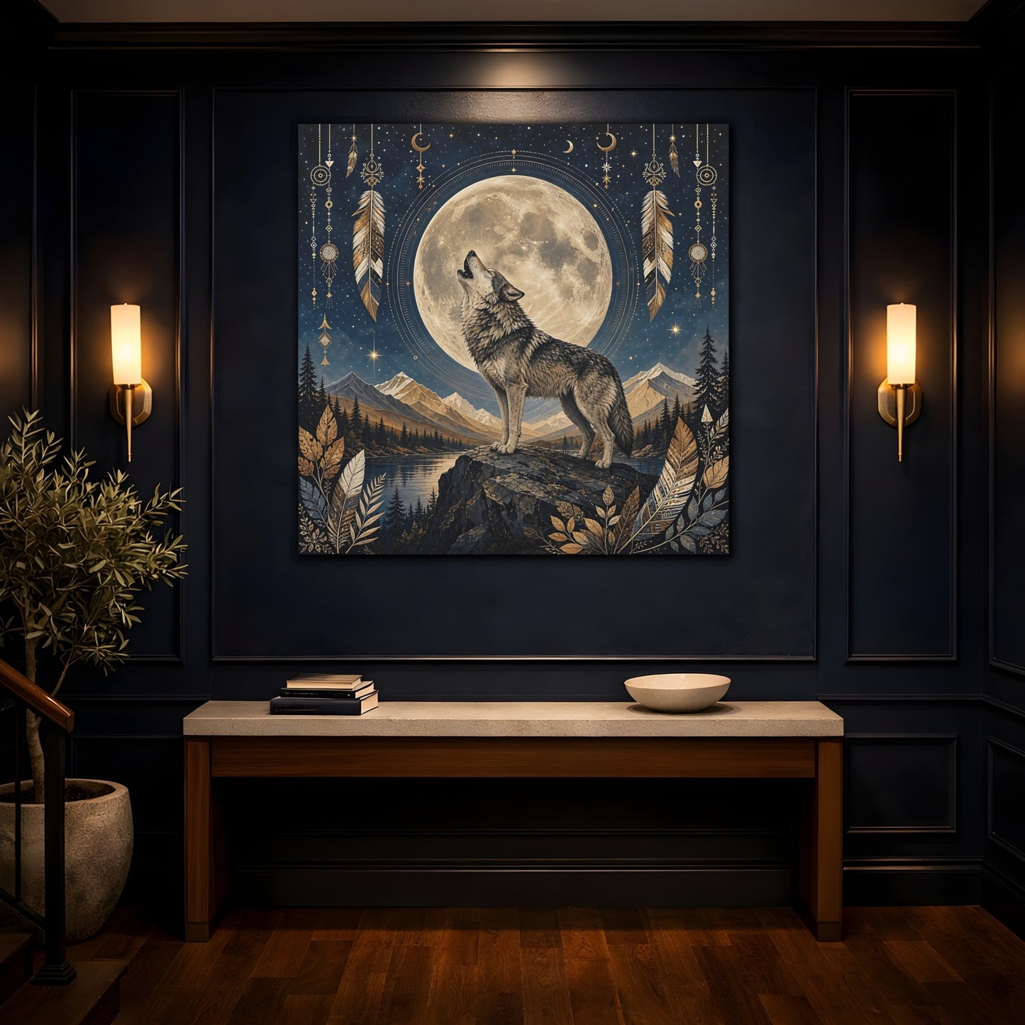 Mockup 4. Nature Wolf Wolf Moon shown as stretched canvas wall art