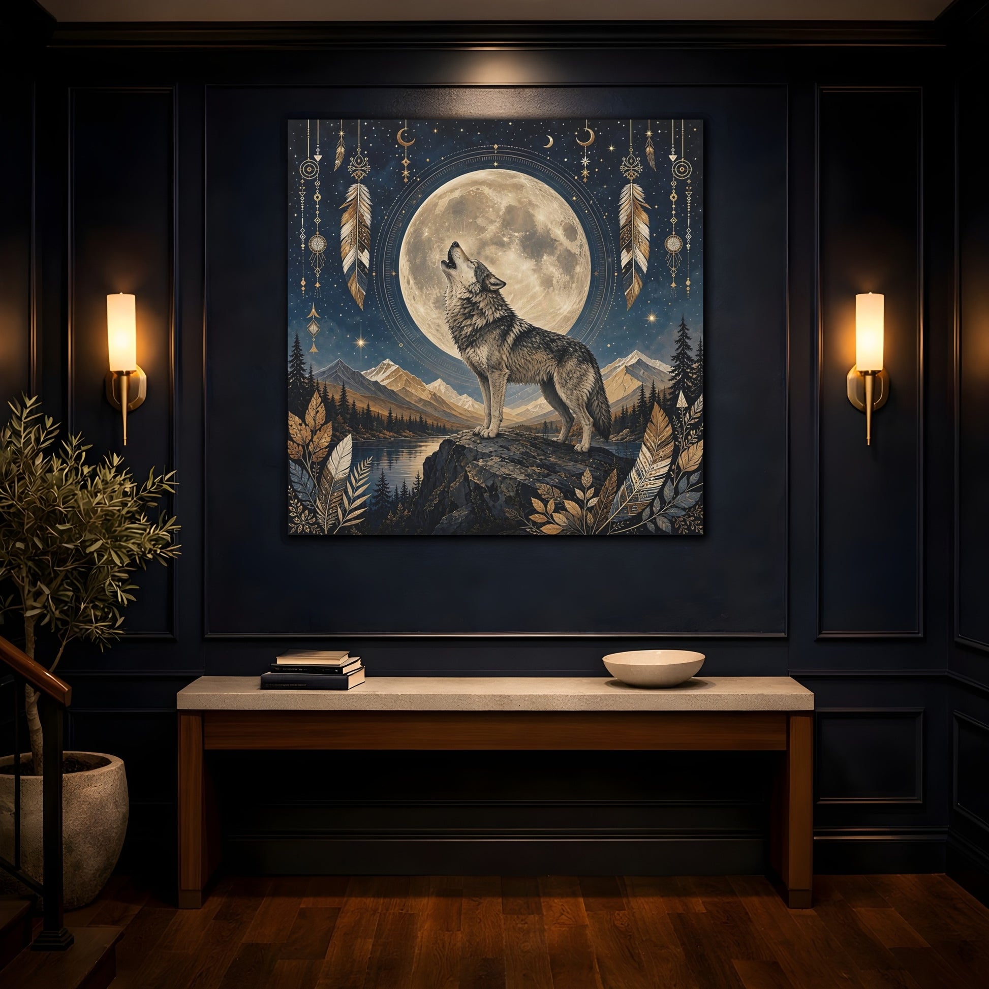 Mockup 4. Nature Wolf Wolf Moon shown as stretched canvas wall art