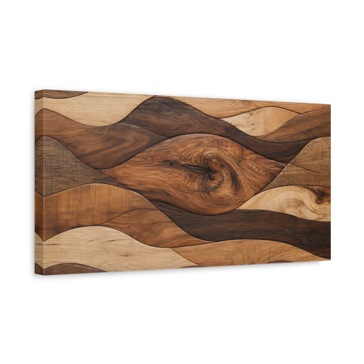 Side Mockup 3. Nature Wood Waves Brown And Beige Wood shown as stretched canvas wall art