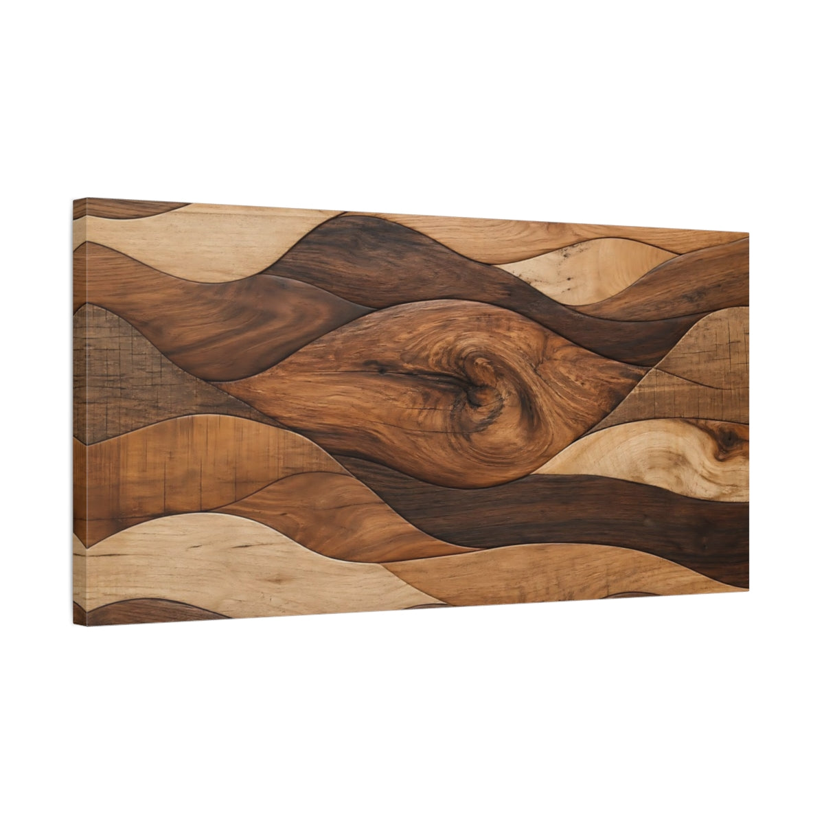 Side Mockup 1. Nature Wood Waves Brown And Beige Wood shown as stretched canvas wall art