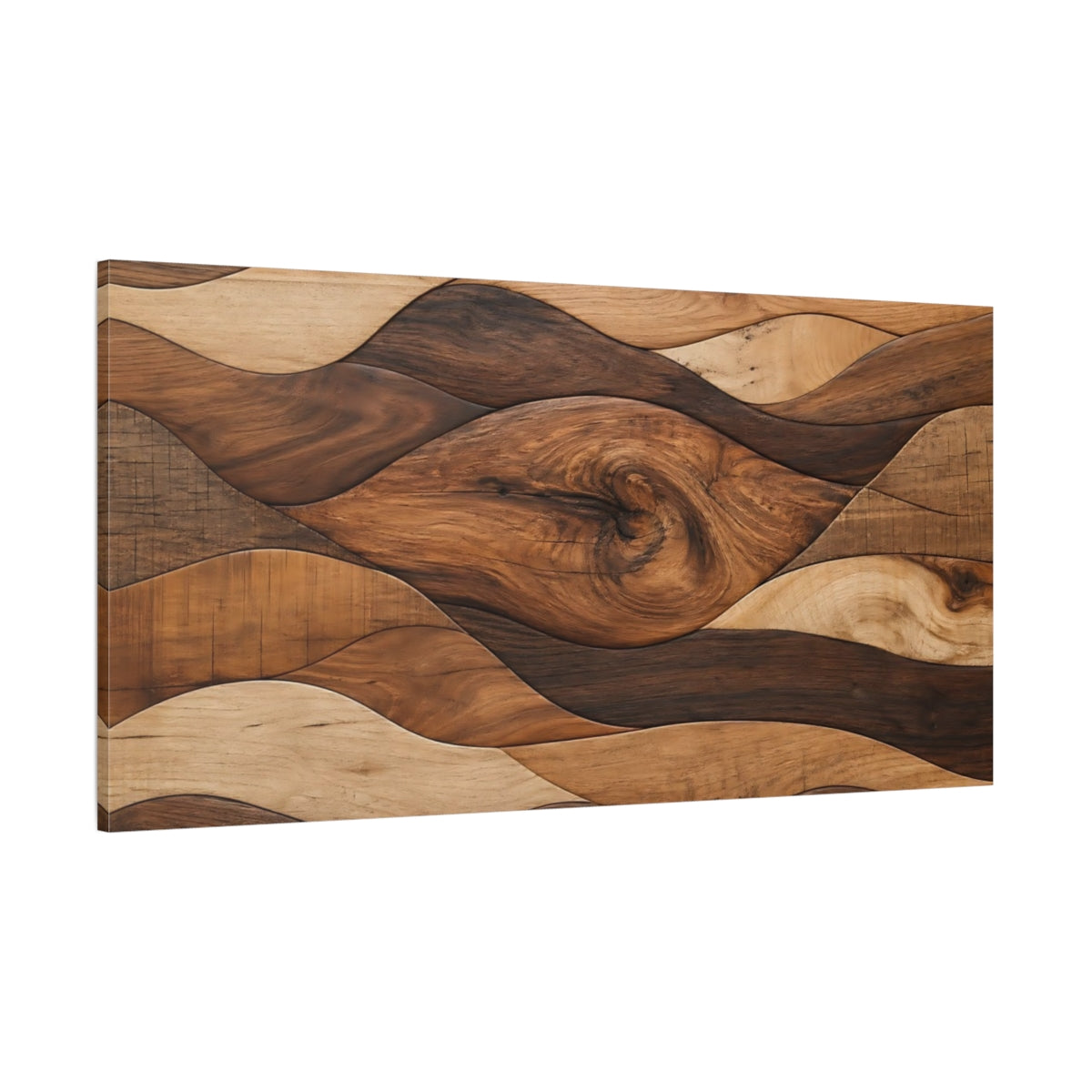 Side Mockup 2. Nature Wood Waves Brown And Beige Wood shown as stretched canvas wall art