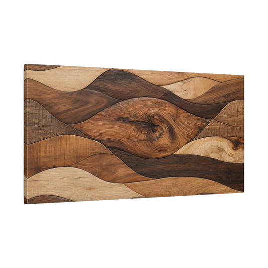 Main Mockup. Nature Wood Waves Brown And Beige Wood shown as stretched canvas wall art