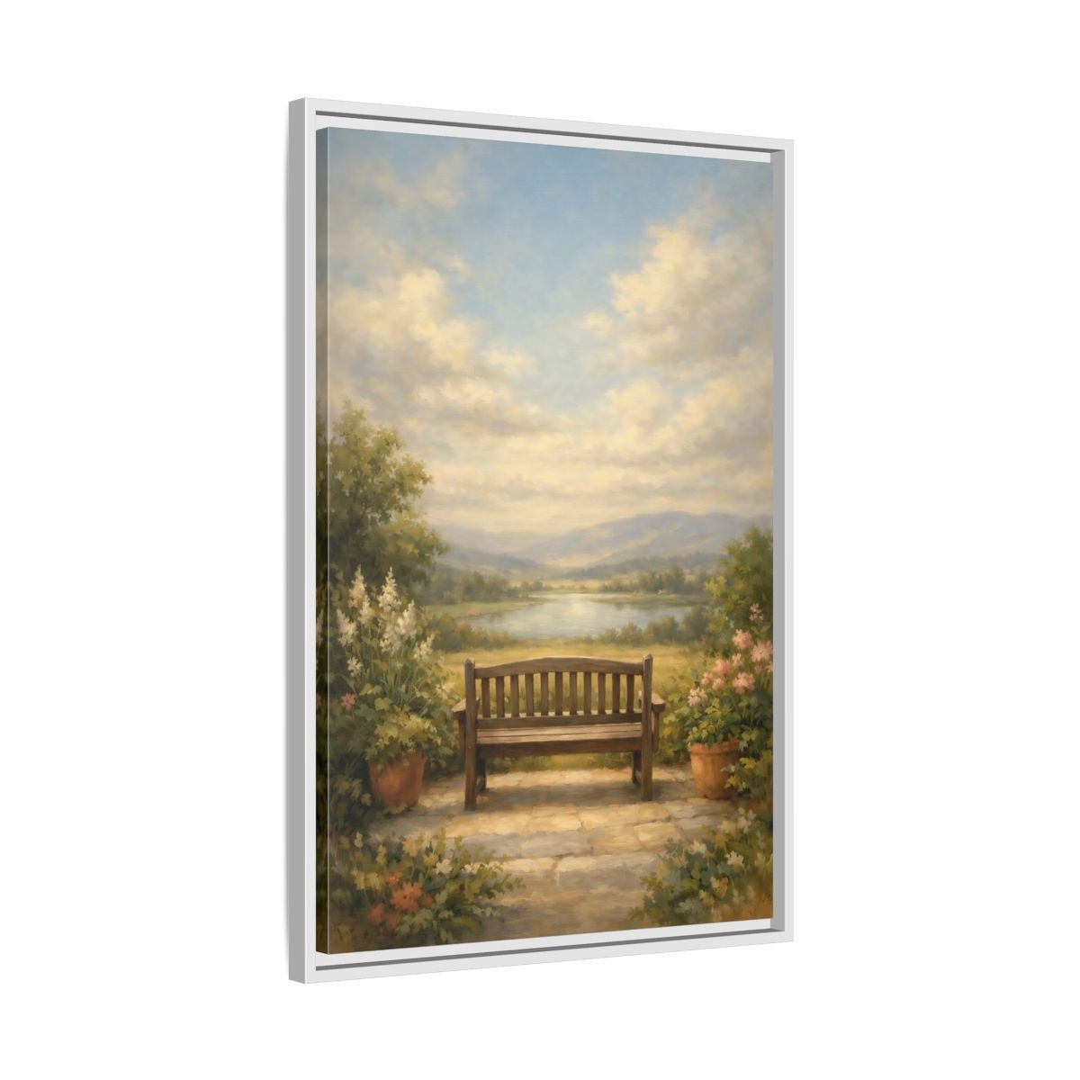 Nature Wooden Bench Pastel - Framed Canvas Wall Art Print - YesArtYes
