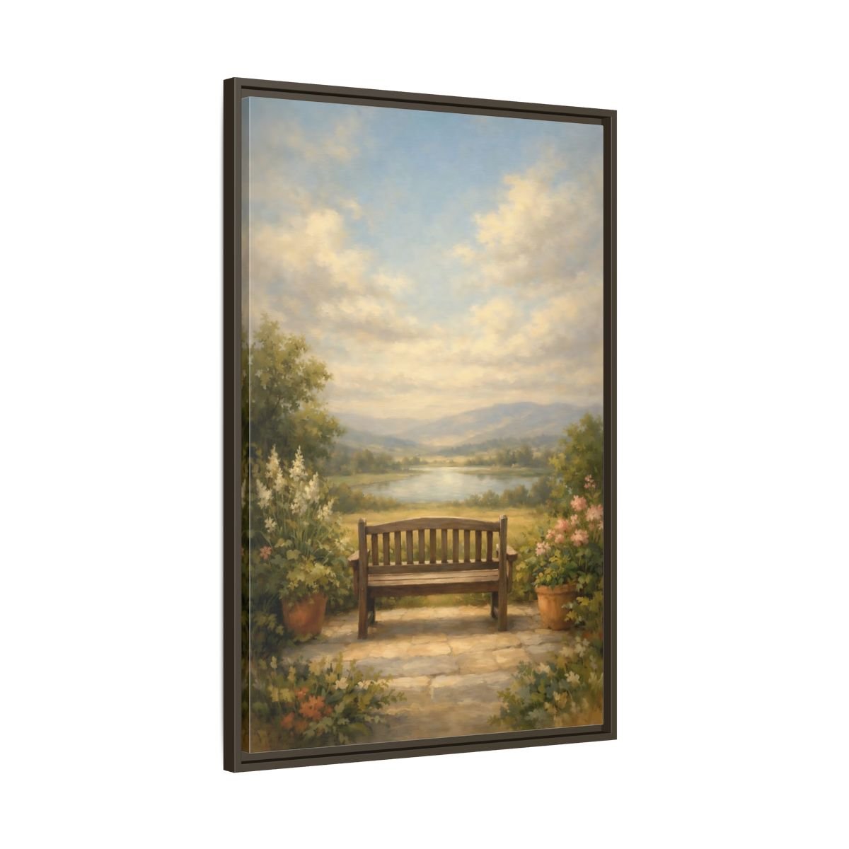 Nature Wooden Bench Pastel - Framed Canvas Wall Art Print - YesArtYes