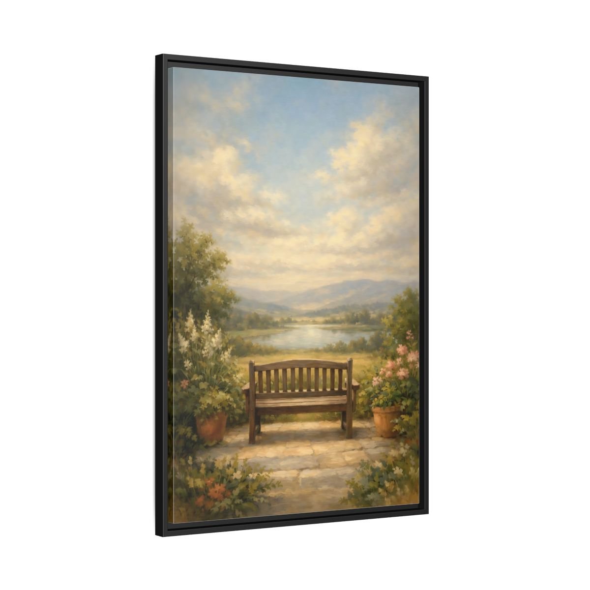 Nature Wooden Bench Pastel - Framed Canvas Wall Art Print - YesArtYes