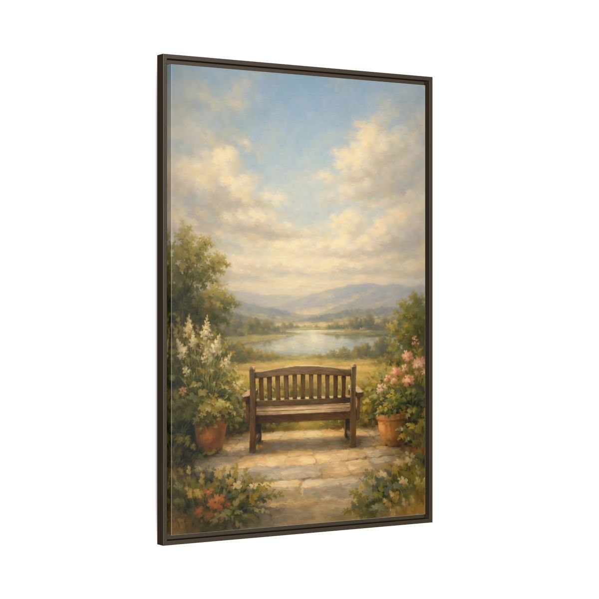 Nature Wooden Bench Pastel - Framed Canvas Wall Art Print - YesArtYes