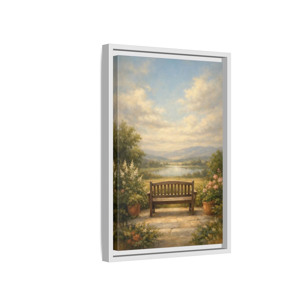 Nature Wooden Bench Pastel - Framed Canvas Wall Art Print - YesArtYes