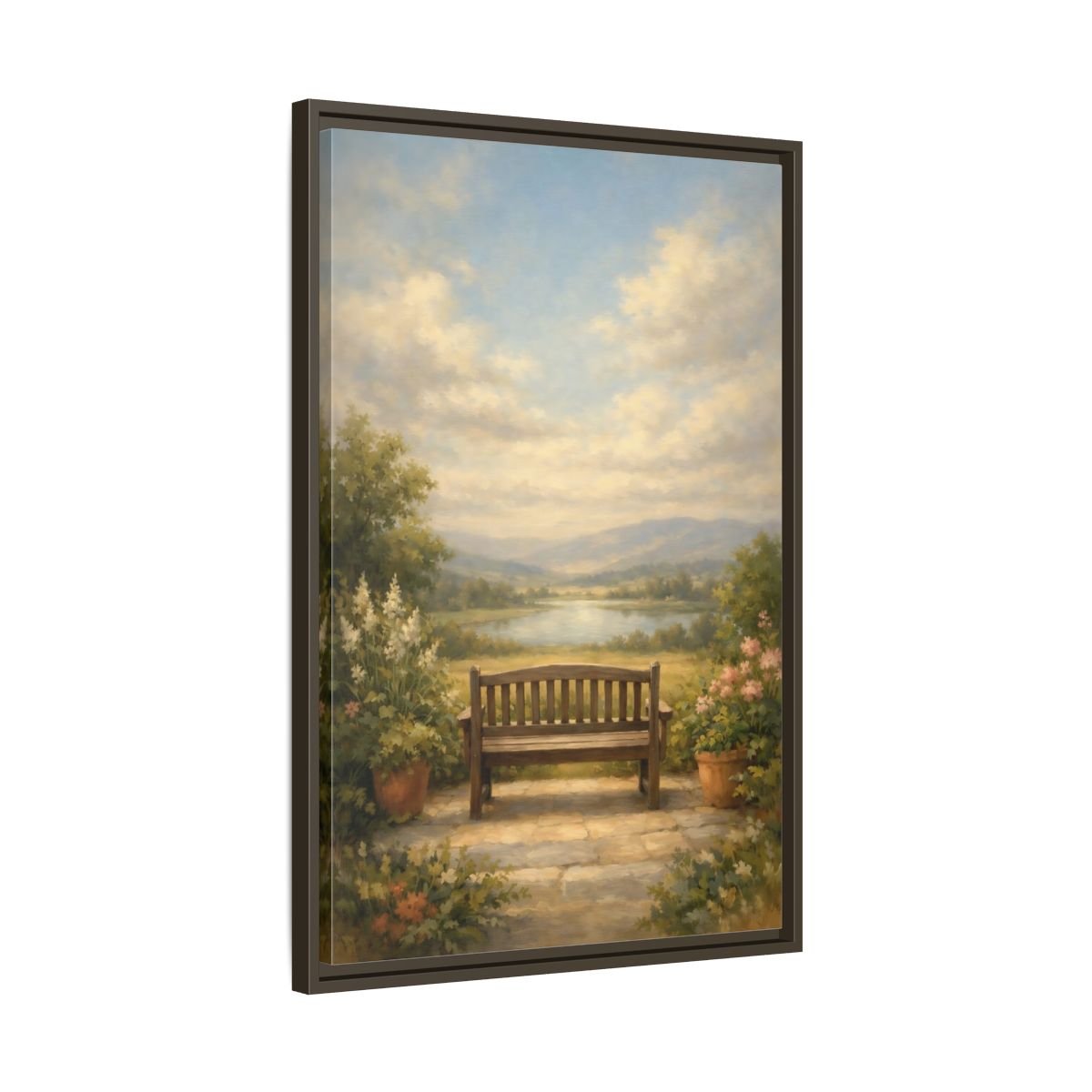 Nature Wooden Bench Pastel - Framed Canvas Wall Art Print - YesArtYes