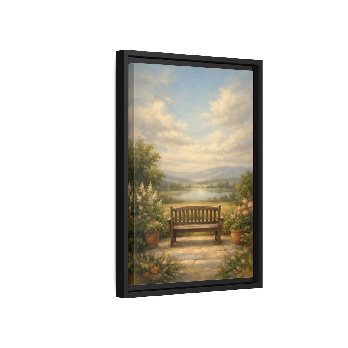 Nature Wooden Bench Pastel - Framed Canvas Wall Art Print - YesArtYes
