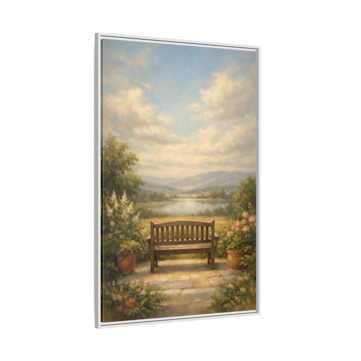 Nature Wooden Bench Pastel - Framed Canvas Wall Art Print - YesArtYes