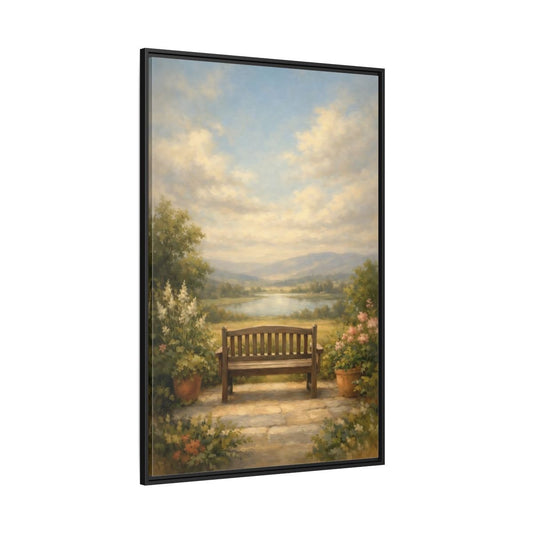 Nature Wooden Bench Pastel - Framed Canvas Wall Art Print - YesArtYes