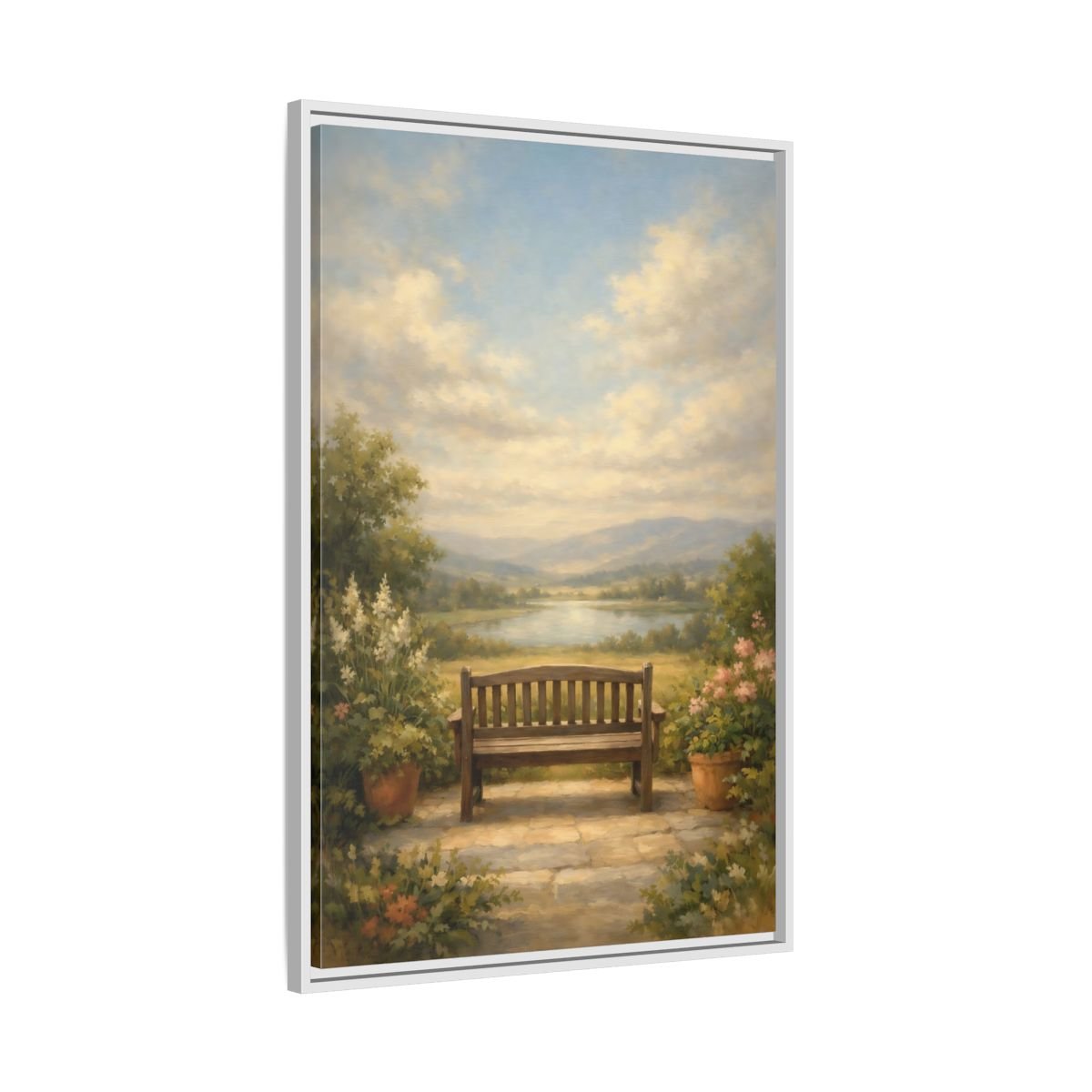 Nature Wooden Bench Pastel - Framed Canvas Wall Art Print - YesArtYes