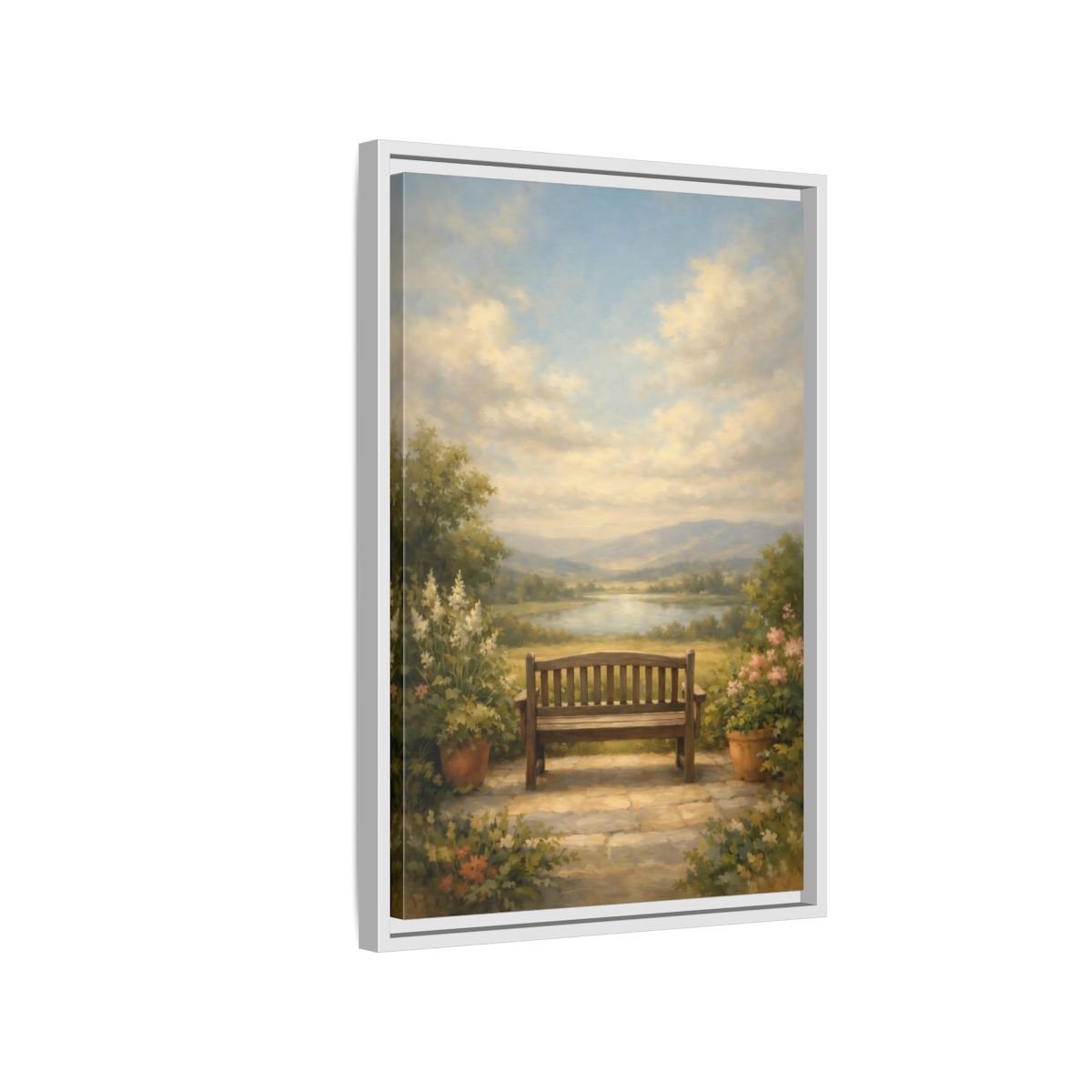 Nature Wooden Bench Pastel - Framed Canvas Wall Art Print - YesArtYes