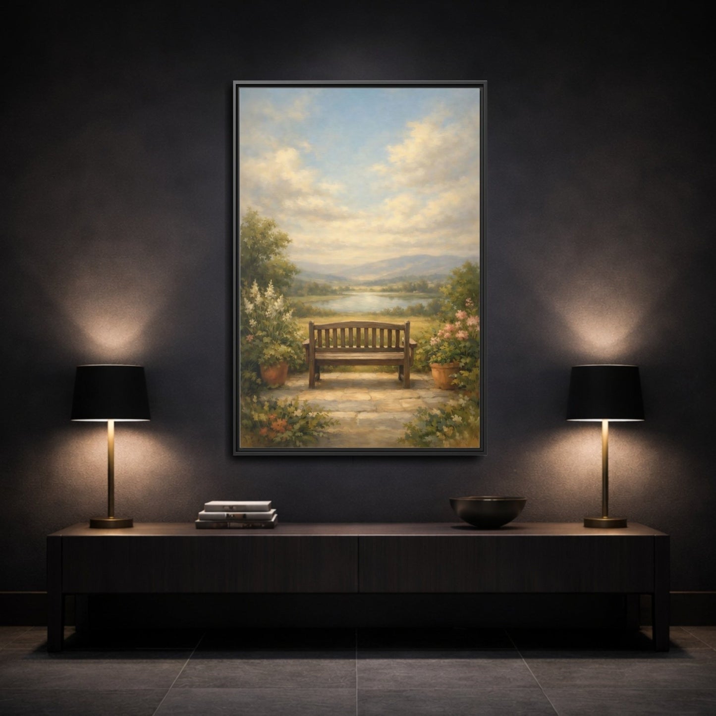 Nature Wooden Bench Pastel - Framed Canvas Wall Art Print - YesArtYes