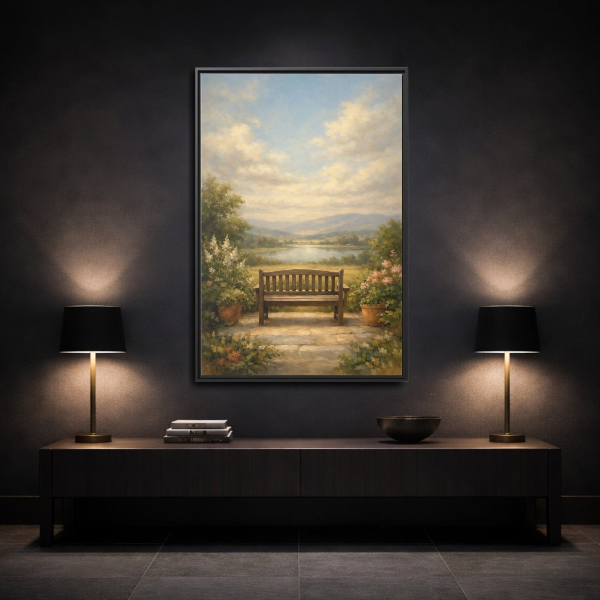 Nature Wooden Bench Pastel - Framed Canvas Wall Art Print - YesArtYes