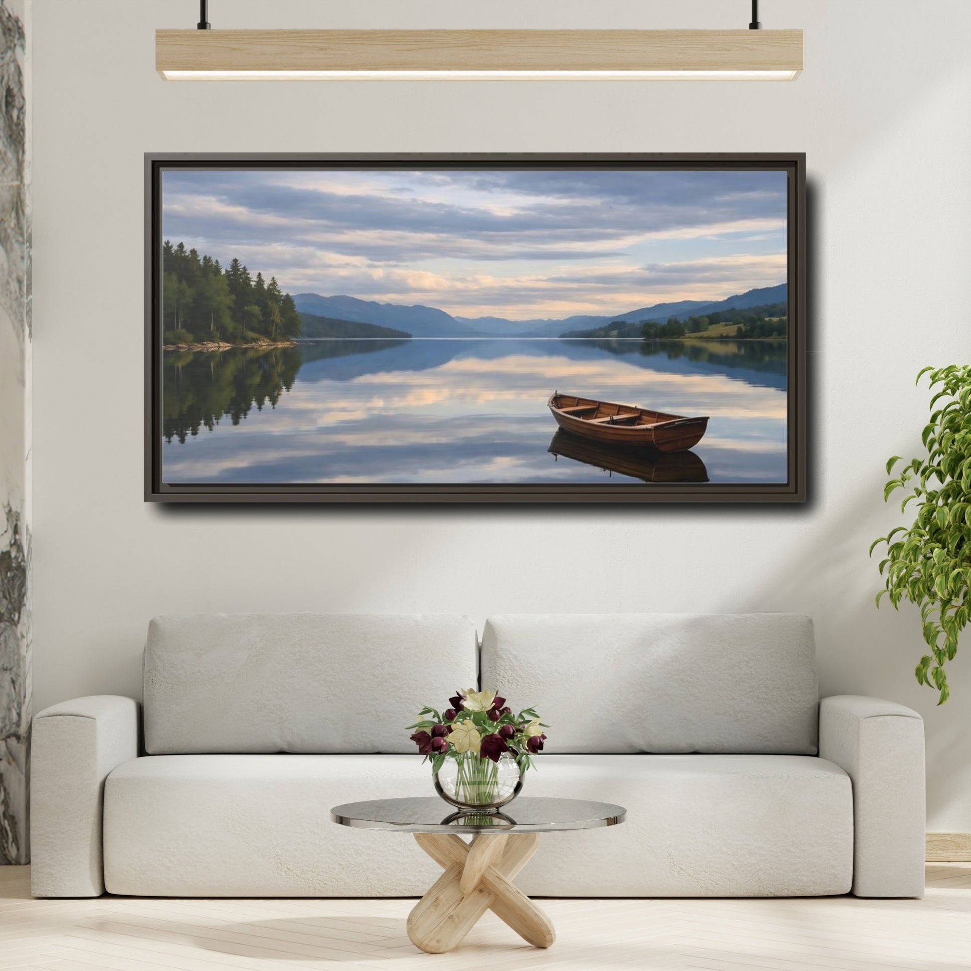 Mockup 3. Nature Wooden Boat Blue Lake Scene shown as stretched canvas wall art