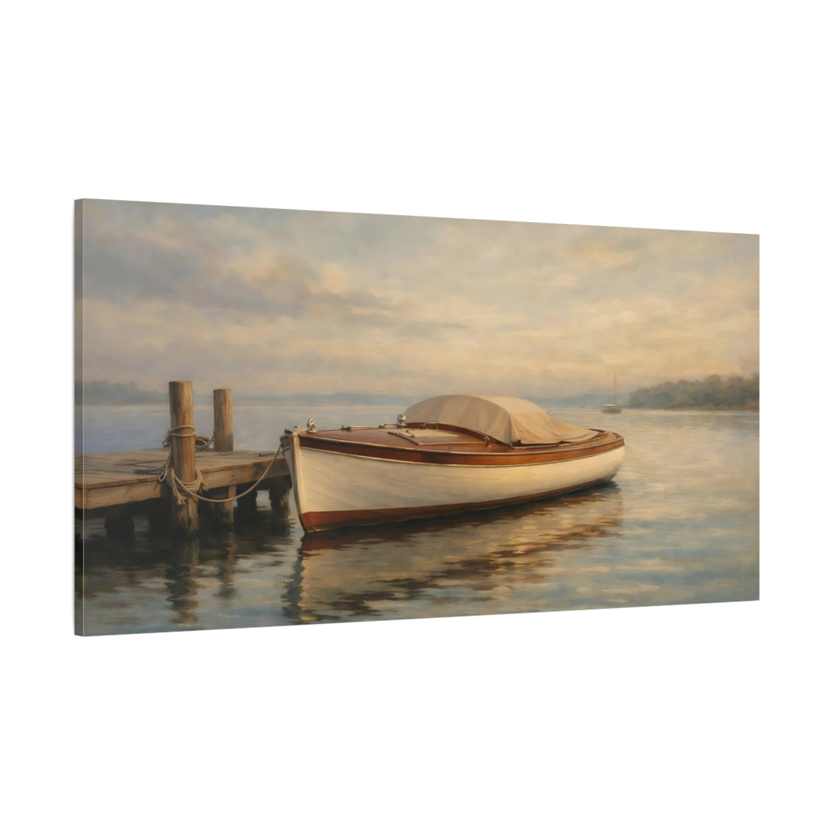 Main Mockup. Nature Wooden Boat Brown And Blue shown as stretched canvas wall art