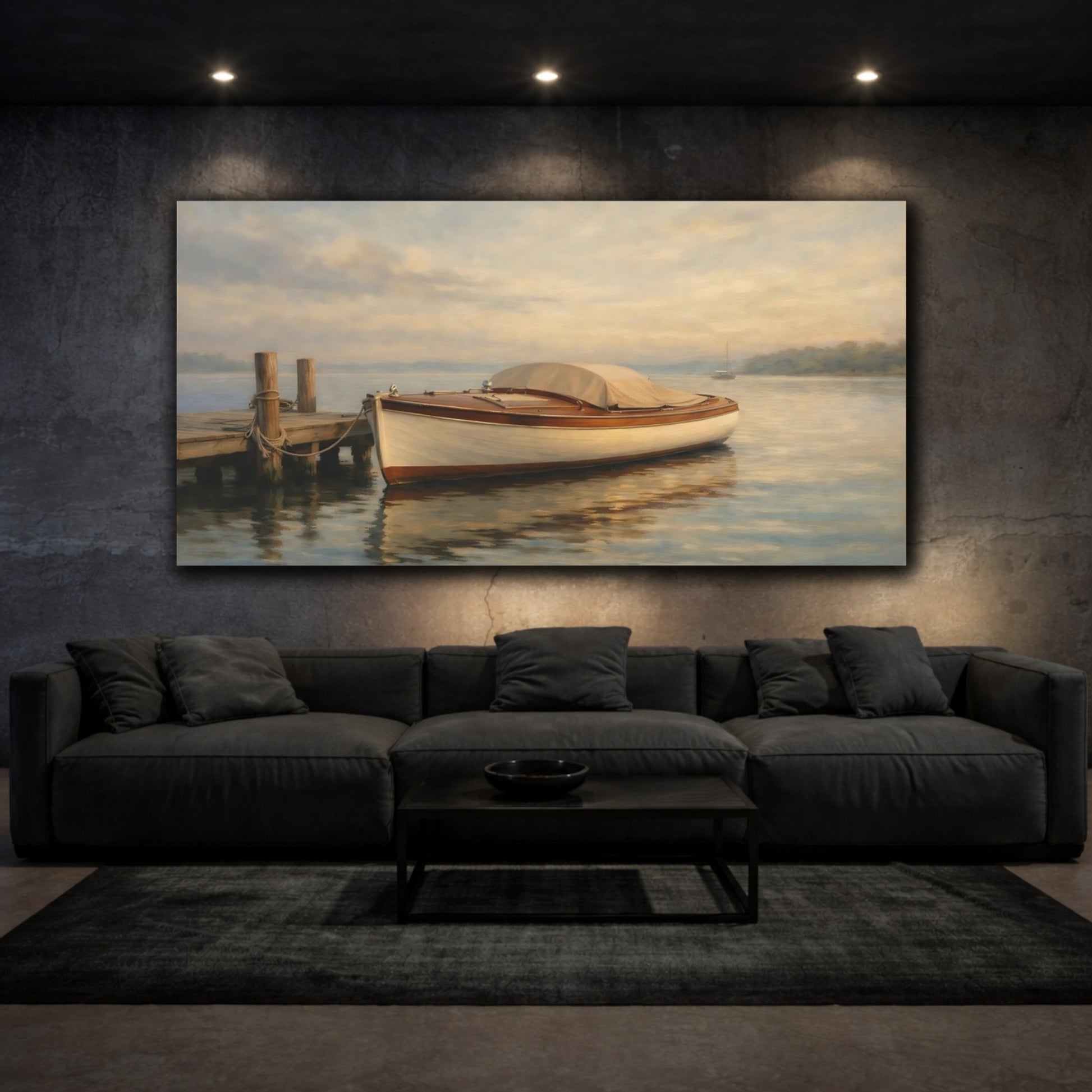 Mockup 2. Nature Wooden Boat Brown And Blue shown as stretched canvas wall art