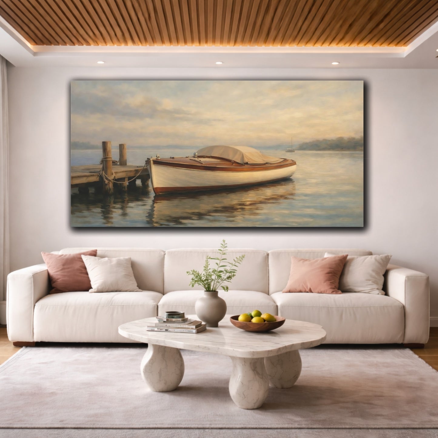 Mockup 3. Nature Wooden Boat Classic Boat Scene shown as stretched canvas wall art
