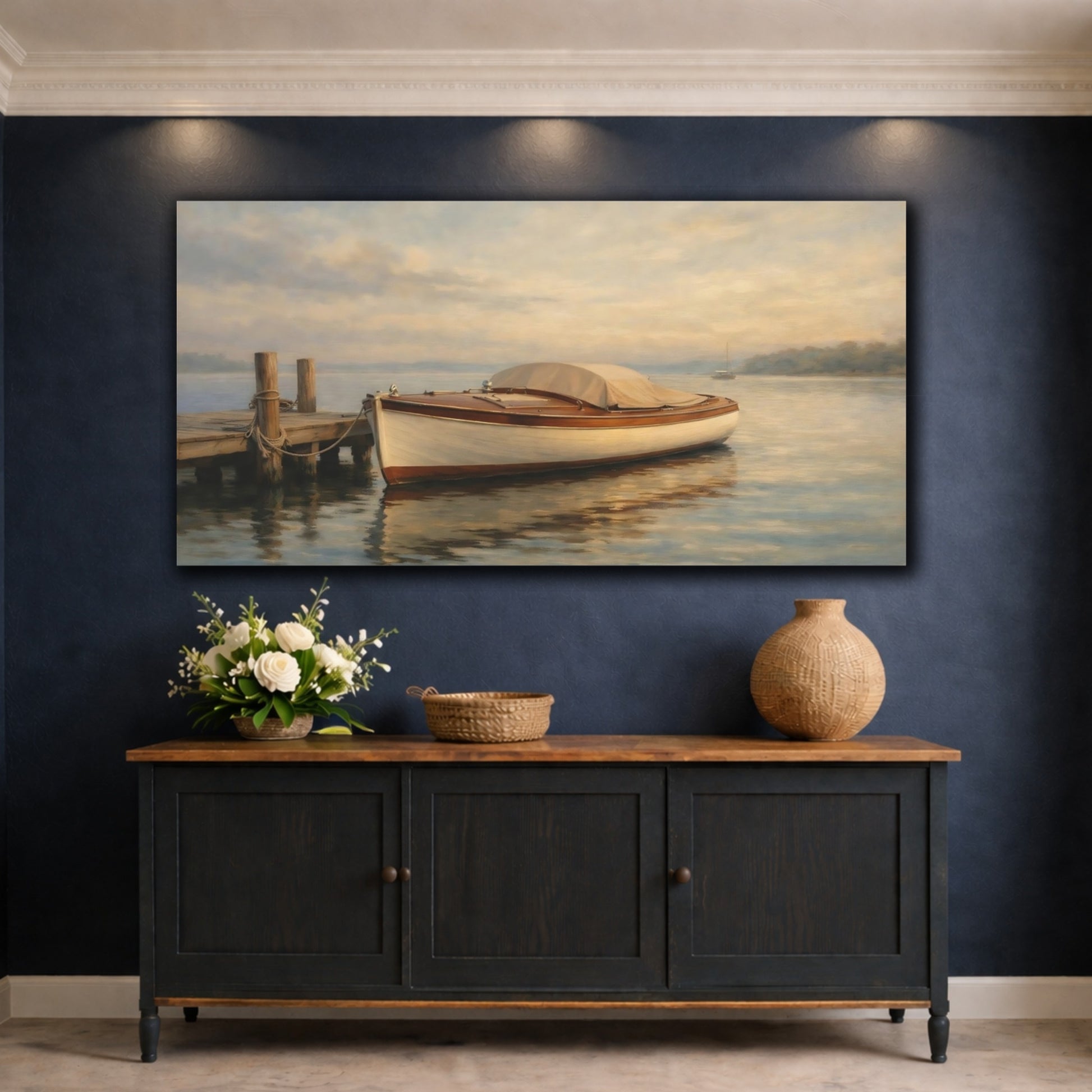 Mockup 4. Nature Wooden Boat Classic Boat Scene shown as stretched canvas wall art
