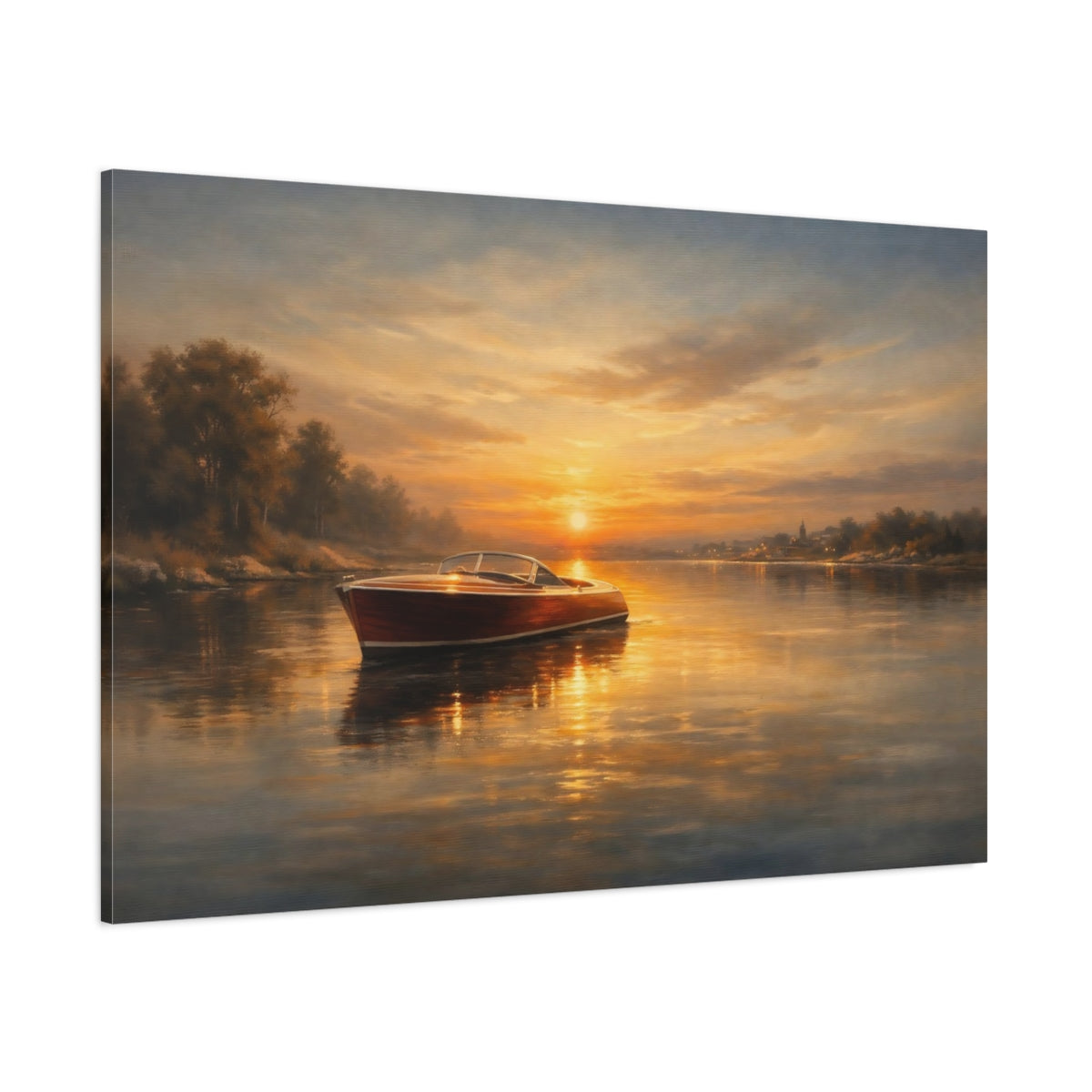 Main Mockup. Nature Wooden Boat Golden Hour Boat shown as stretched canvas wall art