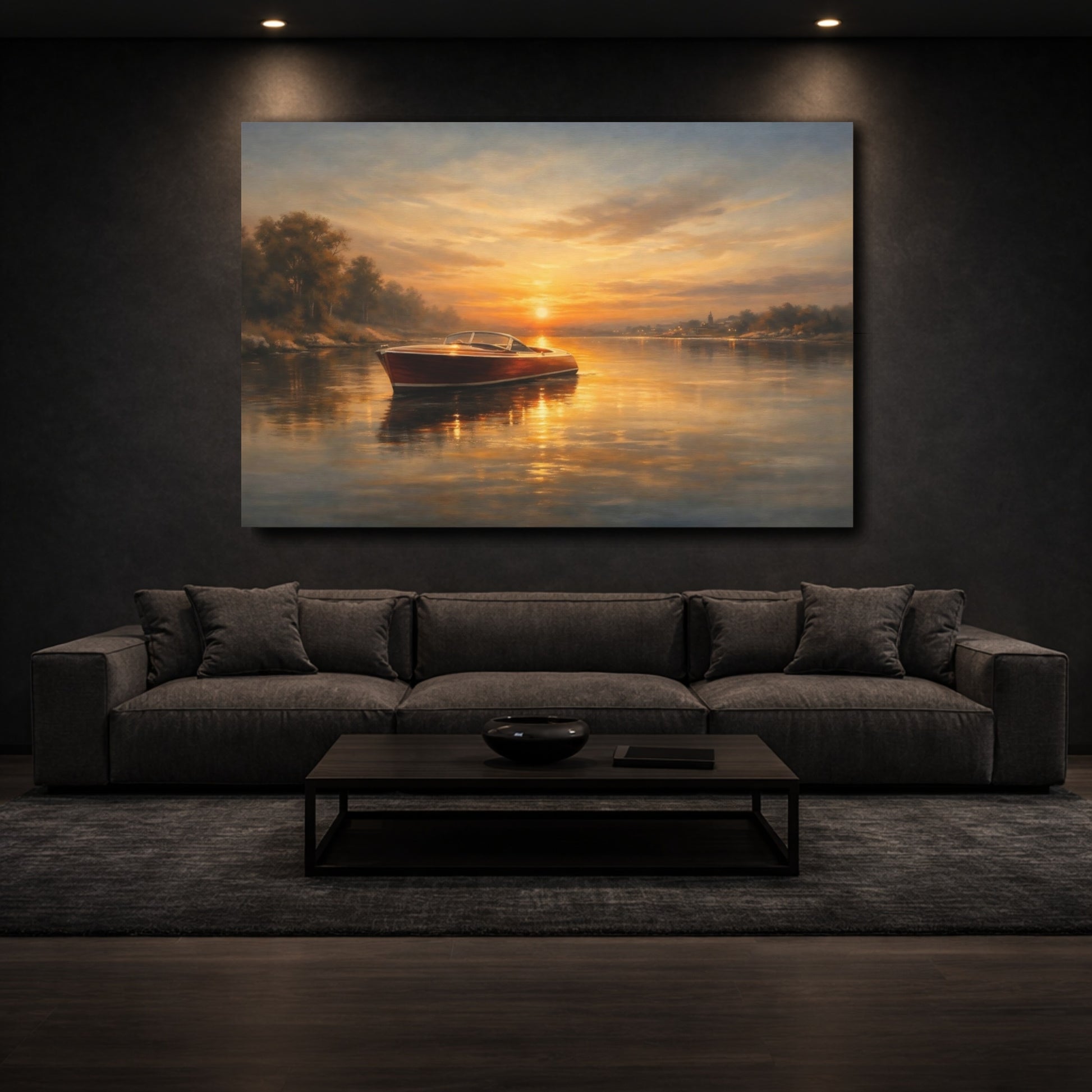 Mockup 2. Nature Wooden Boat Golden Hour Boat shown as stretched canvas wall art