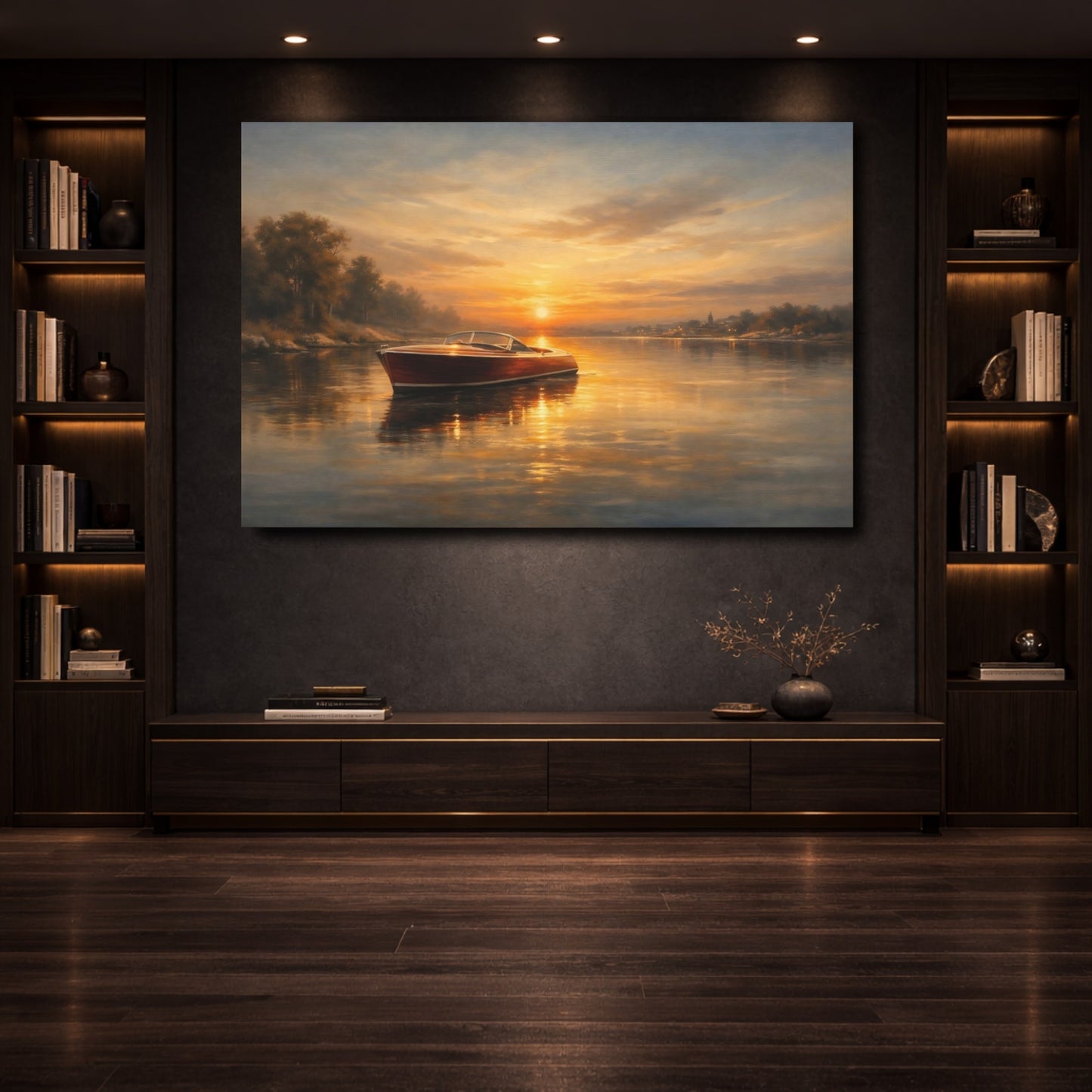 Mockup 3. Nature Wooden Boat Golden Hour Boat shown as stretched canvas wall art