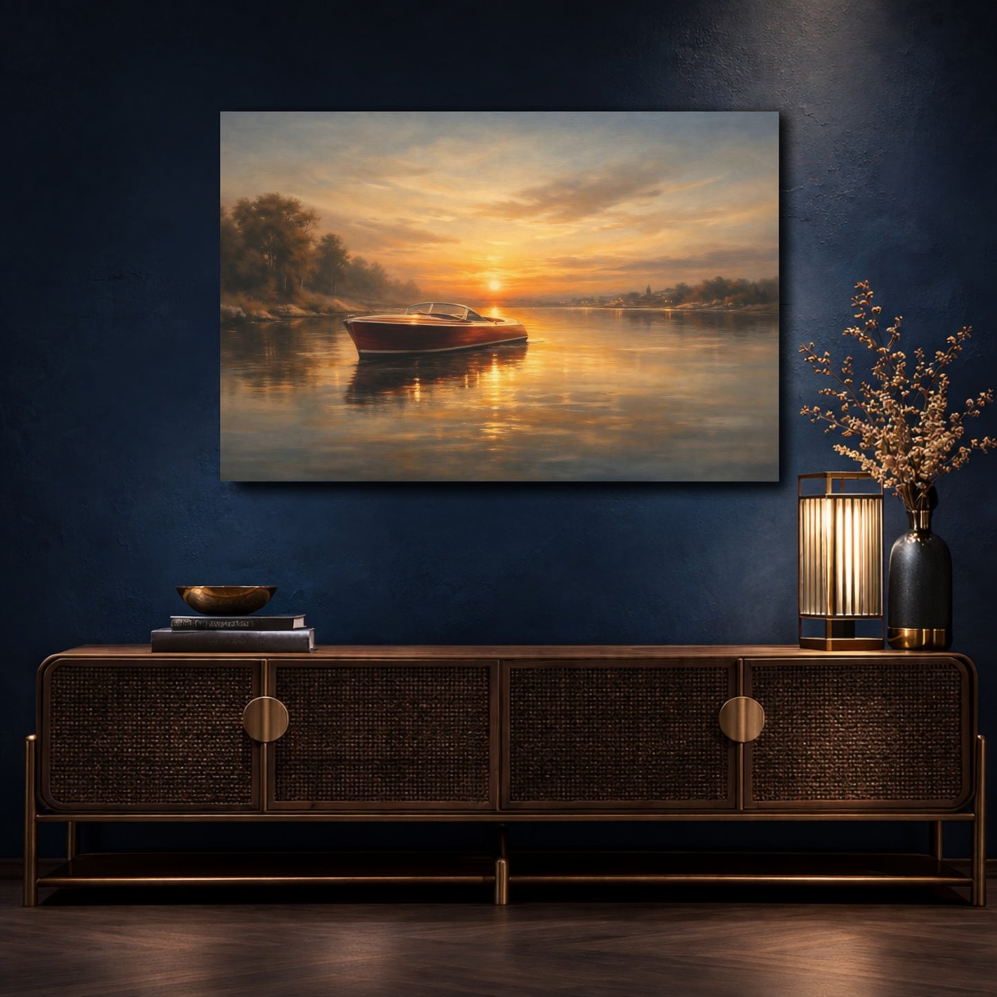 Mockup 4. Nature Wooden Boat Golden Hour Boat shown as stretched canvas wall art