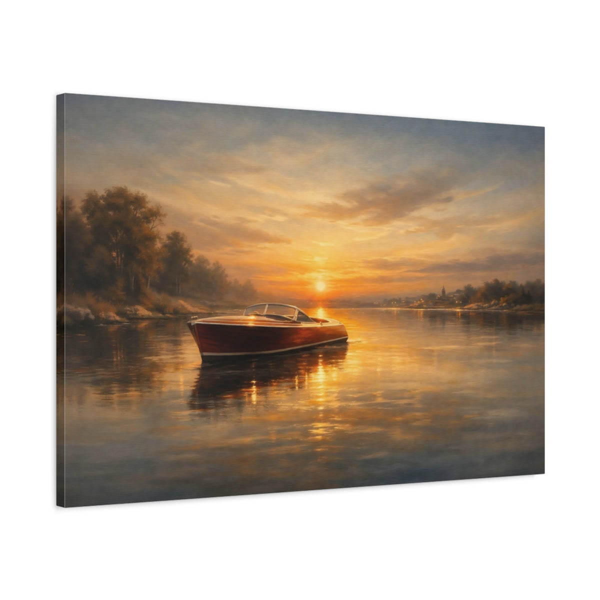Side Mockup 1. Nature Wooden Boat Golden Hour Boat shown as stretched canvas wall art