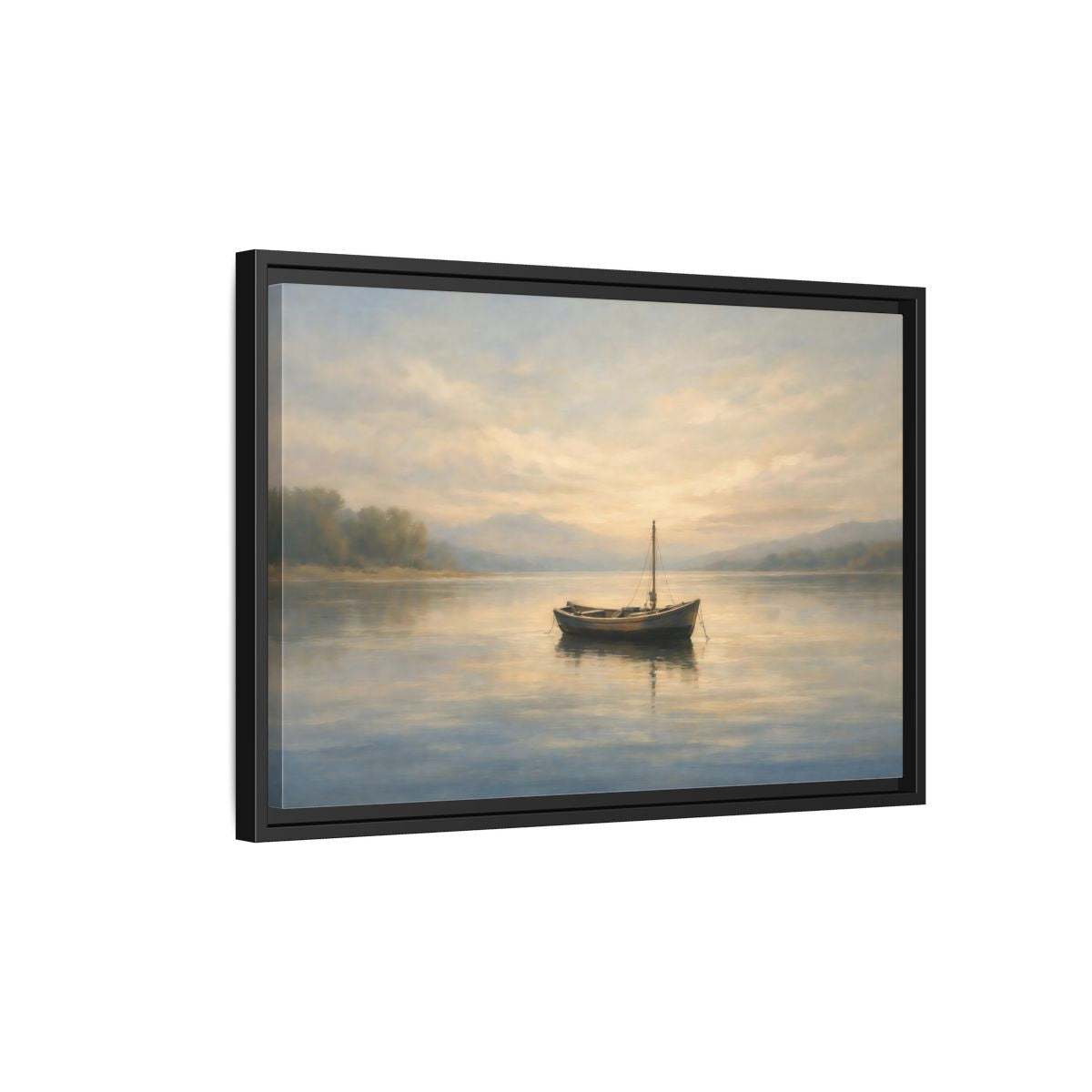 Side Mockup 3. Nature Wooden Boat Golden Hour Lake shown as stretched canvas wall art
