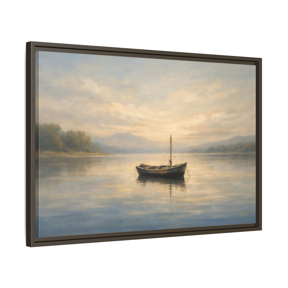 Side Mockup 11. Nature Wooden Boat Golden Hour Lake shown as stretched canvas wall art