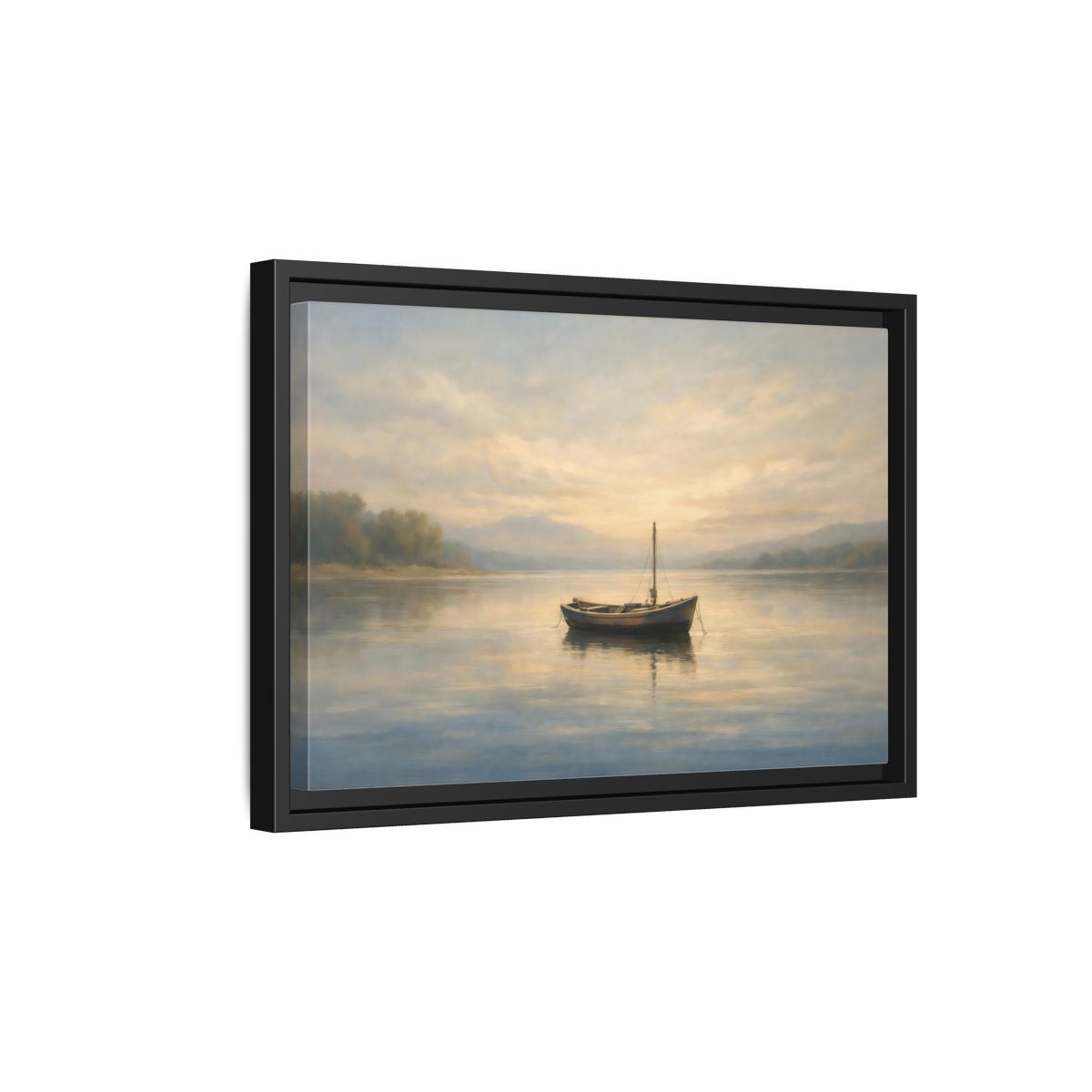 Side Mockup 6. Nature Wooden Boat Golden Hour Lake shown as stretched canvas wall art