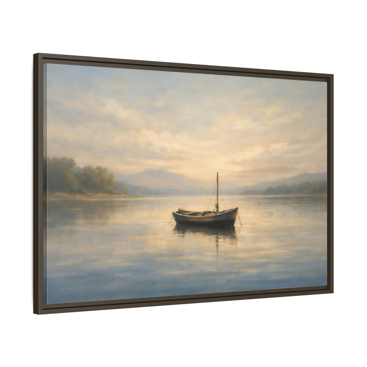 Side Mockup 9. Nature Wooden Boat Golden Hour Lake shown as stretched canvas wall art