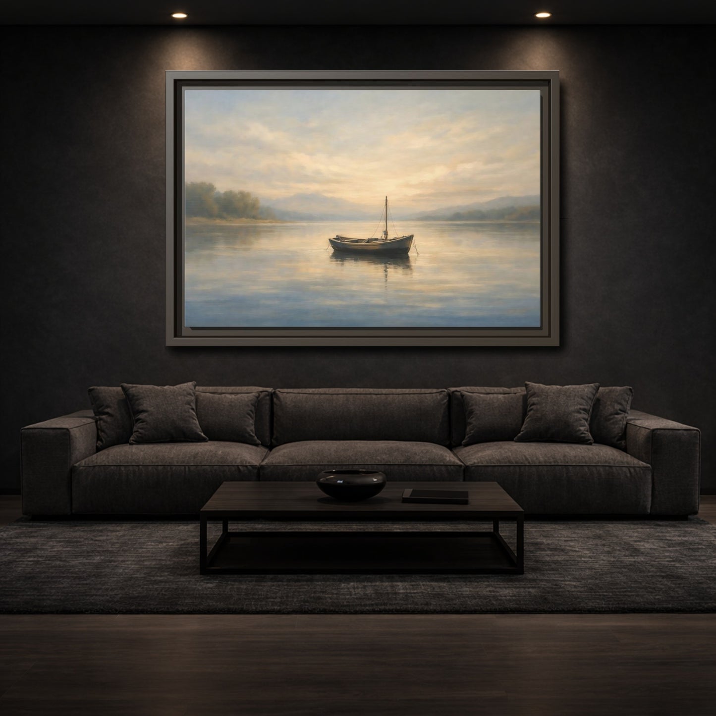 Mockup 2. Nature Wooden Boat Golden Hour Lake shown as stretched canvas wall art
