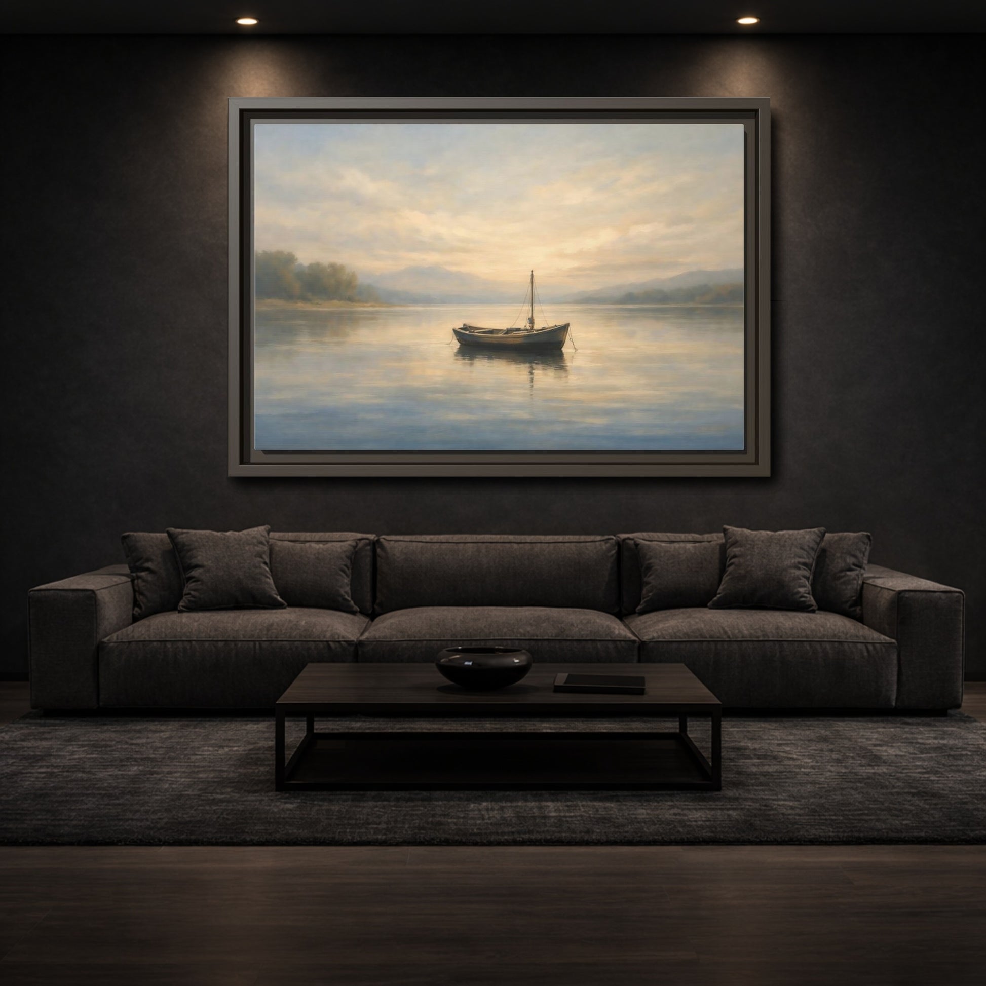 Mockup 2. Nature Wooden Boat Golden Hour Lake shown as stretched canvas wall art