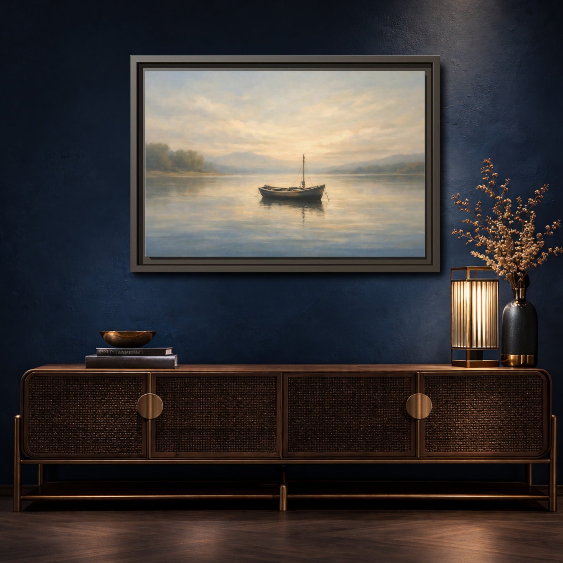 Mockup 4. Nature Wooden Boat Golden Hour Lake shown as stretched canvas wall art