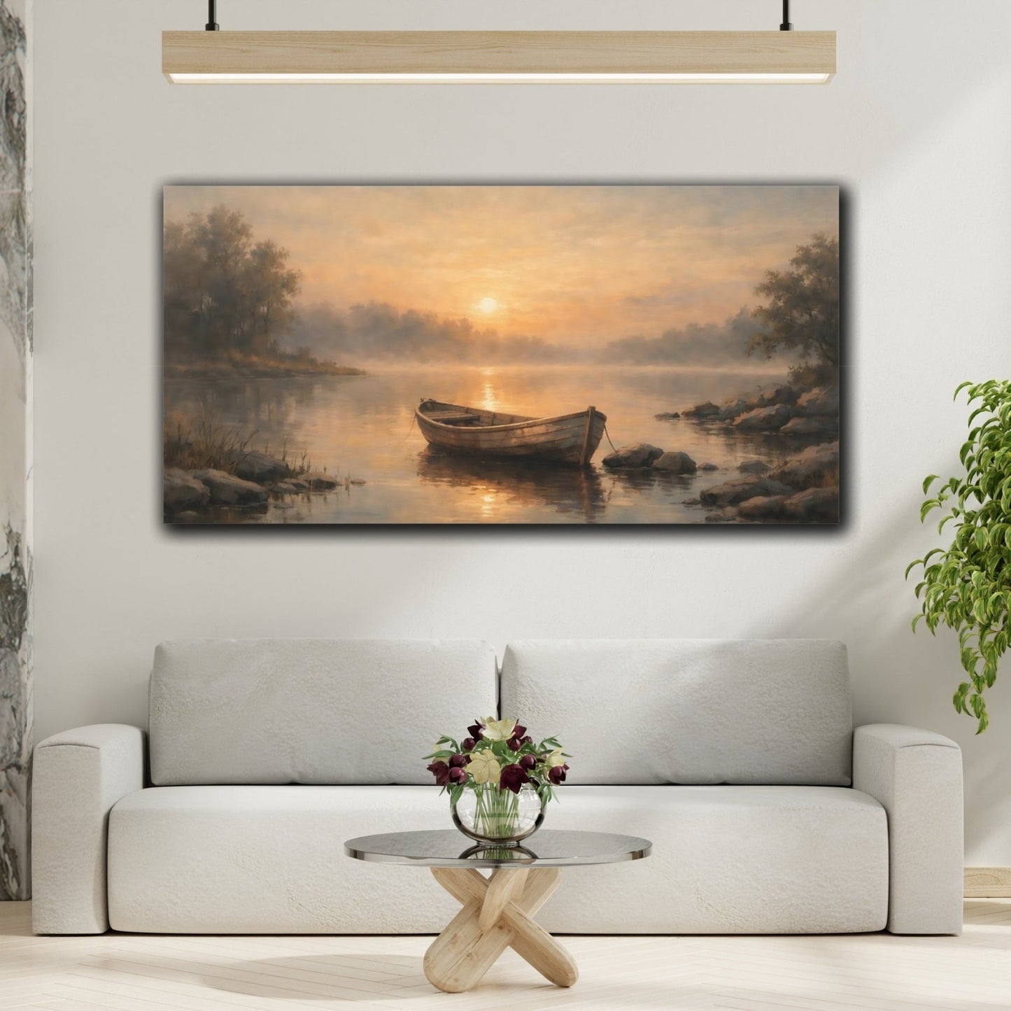 Nature Wooden Boat Golden Sunset Lake - Canvas Wall Art Print - YesArtYes