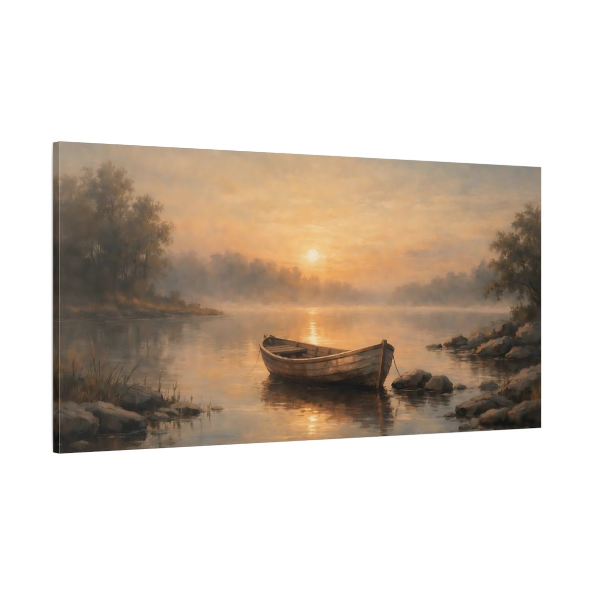Nature Wooden Boat Golden Sunset Lake - Canvas Wall Art Print - YesArtYes
