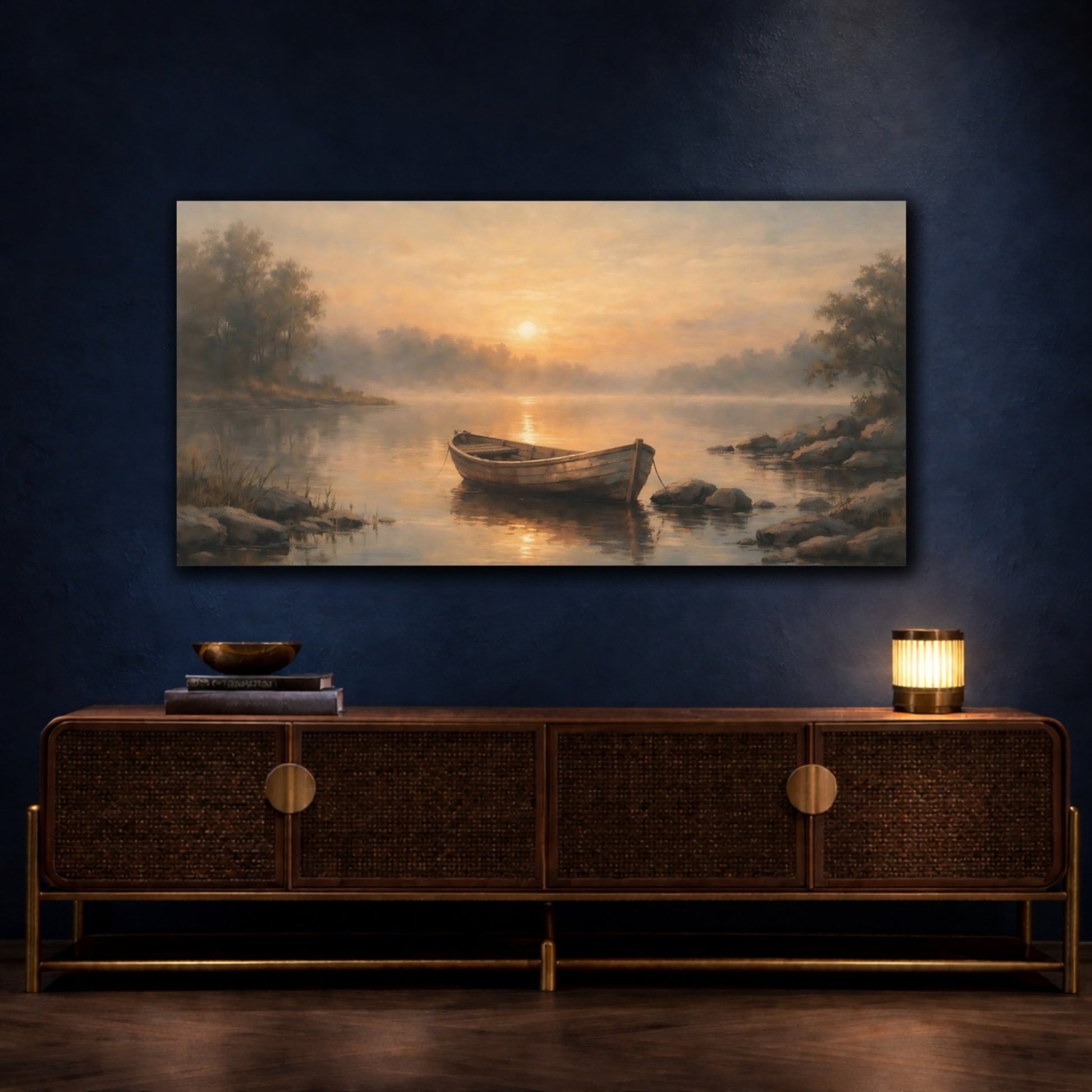 Nature Wooden Boat Golden Sunset Lake - Canvas Wall Art Print - YesArtYes