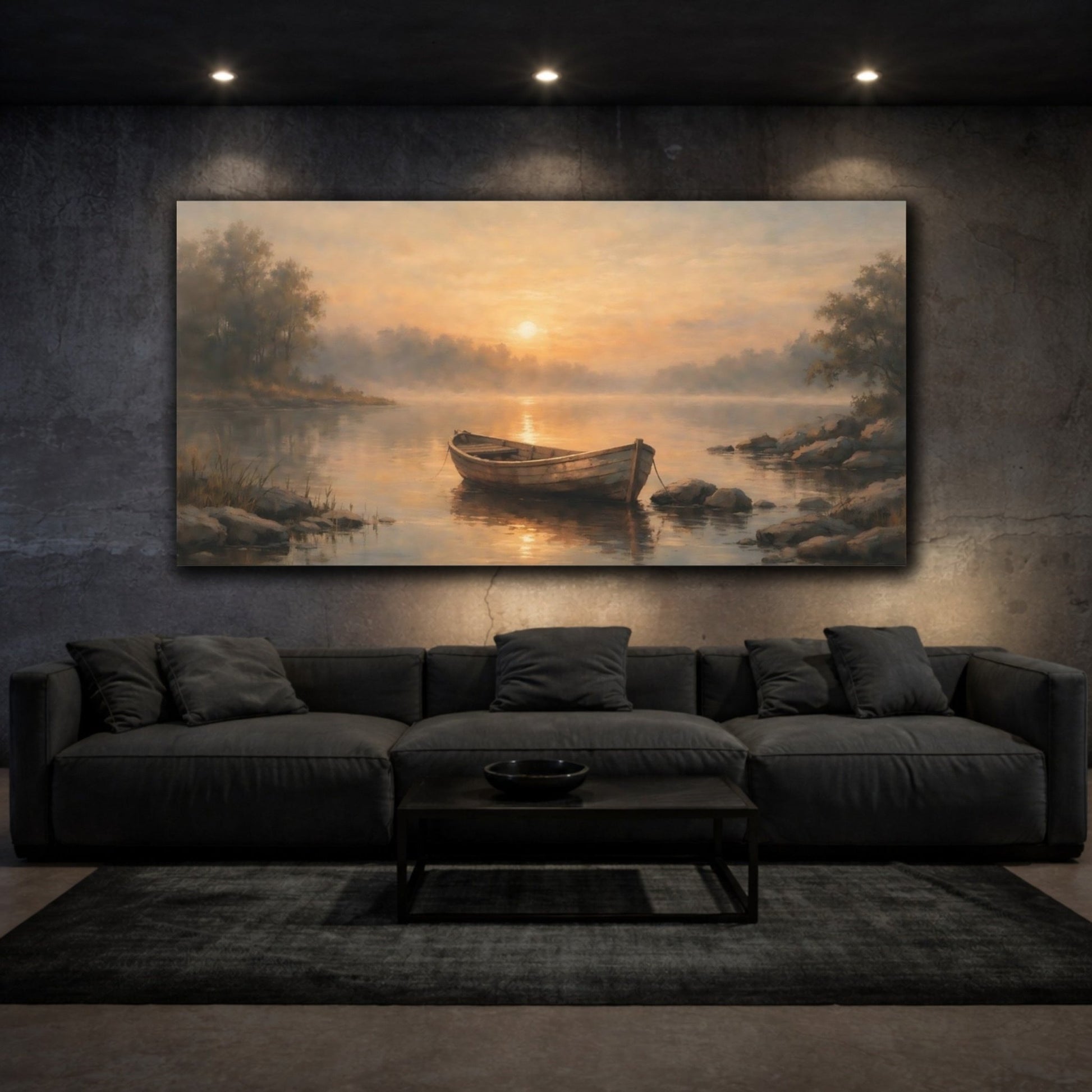 Nature Wooden Boat Golden Sunset Lake - Canvas Wall Art Print - YesArtYes