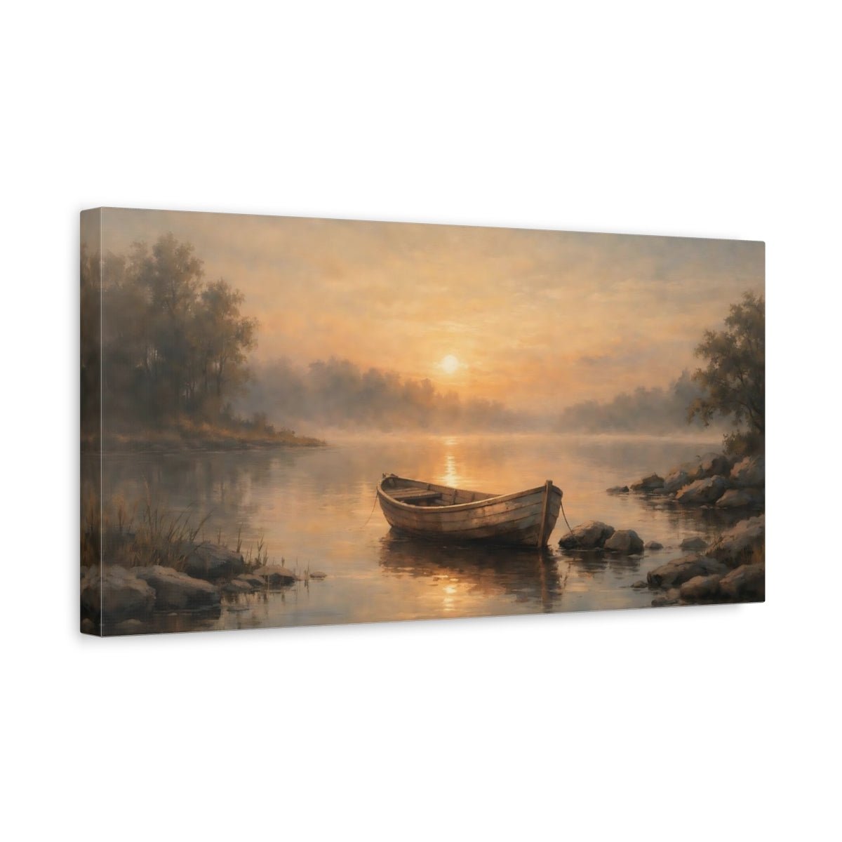Nature Wooden Boat Golden Sunset Lake - Canvas Wall Art Print - YesArtYes