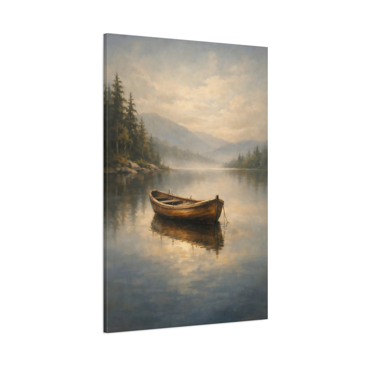 Main Mockup. Nature Wooden Boat Misty Lake Boat shown as stretched canvas wall art